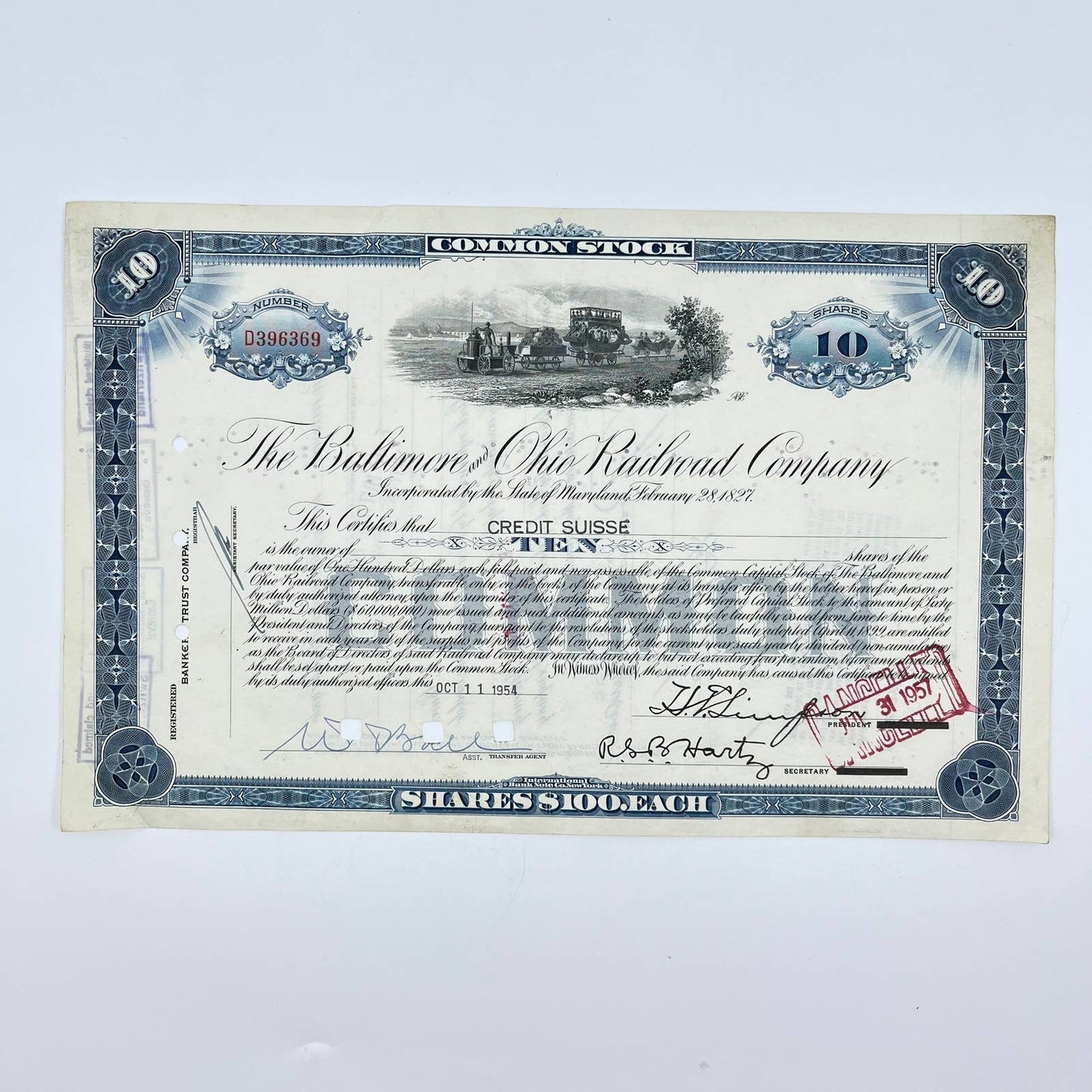 1954 BALTIMORE & OHIO RAILROAD  B&O RR Company ORIGINAL Stock Certificate FL3