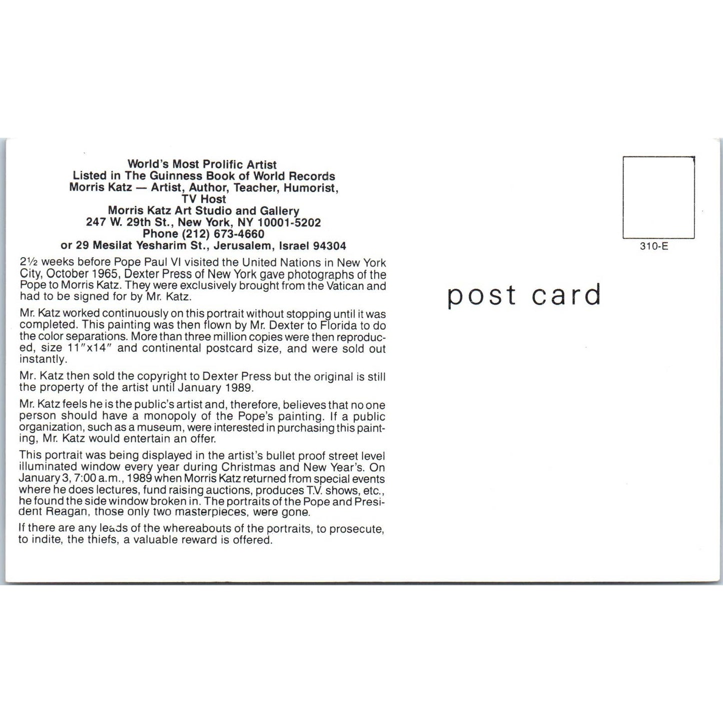 Paintings Stolen from Morris Katz Gallery Ronald Reagan Original Postcard TJ9-P1