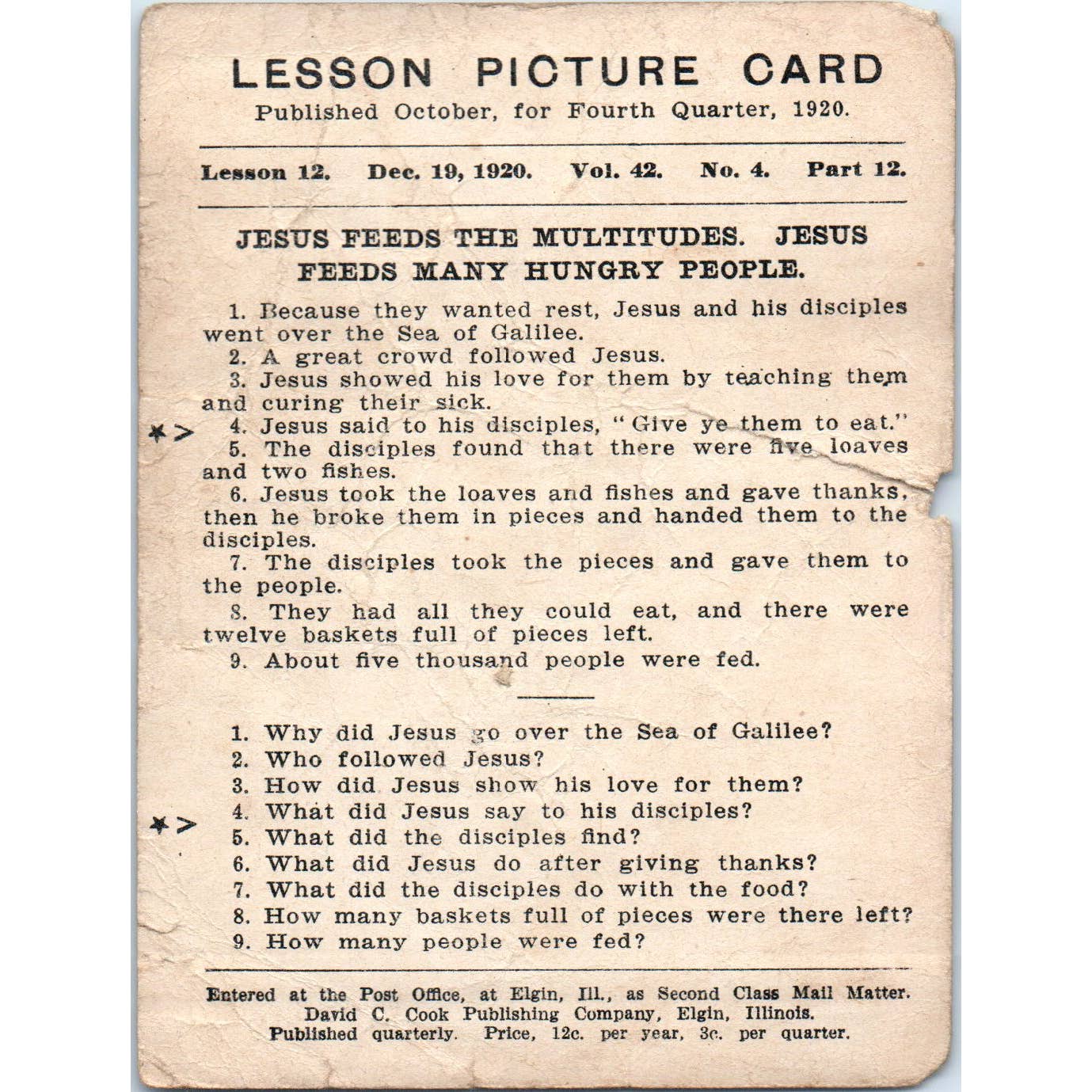 1920 Christian Lesson Picture Card Jesus Feeds the Multitudes SE5