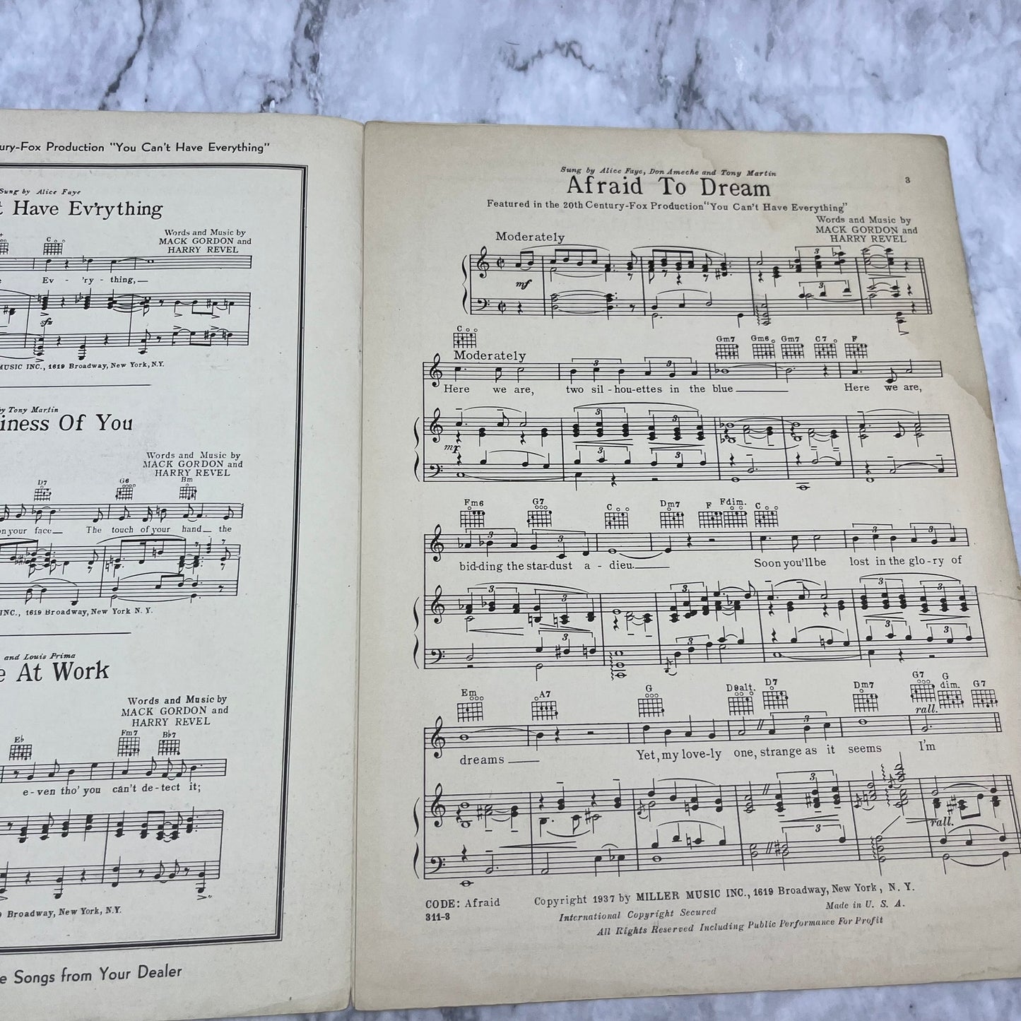 Afraid To Dream 1937 Alice Faye You Can't Have Everything Sheet Music V42-4