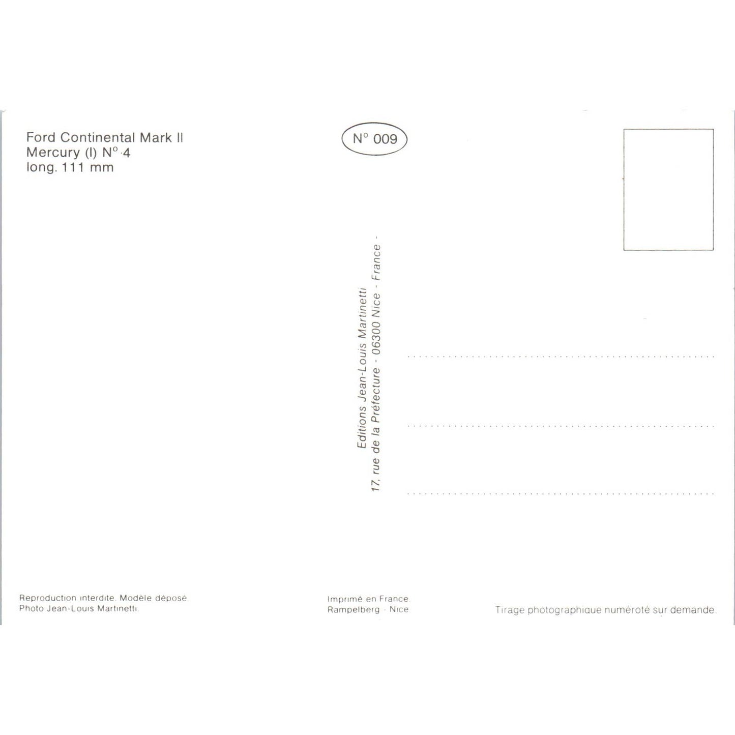 Ford Continental Mark II Mercury French Toy Race Car Original Postcard TK1-P18