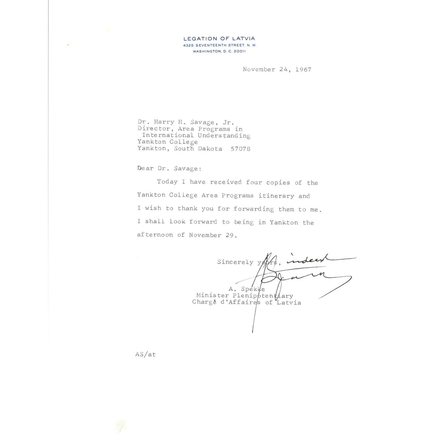 Legation of Latvia Official Letterhead Memo A. Spekke Nov 1967 TK1-P8