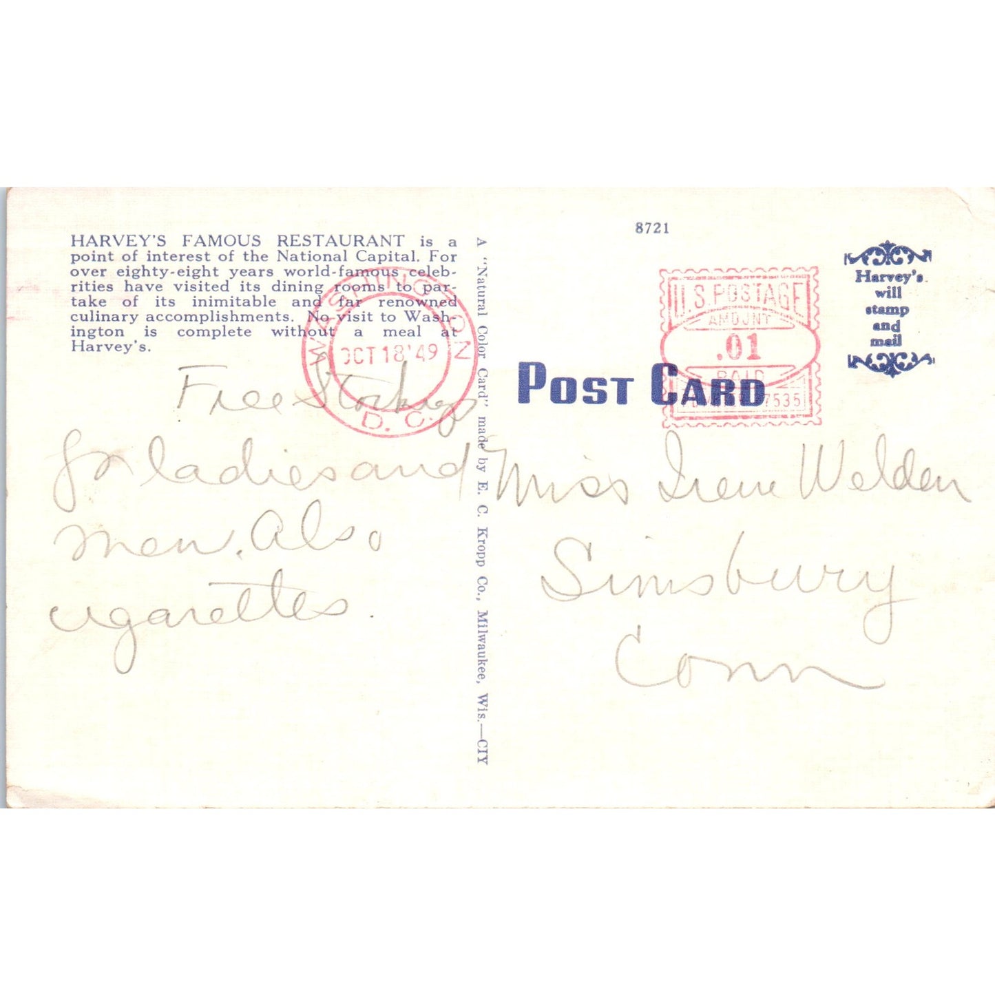 Harvey's Famous Restaurant 1949 Washington D.C. Original Postcard P1-16