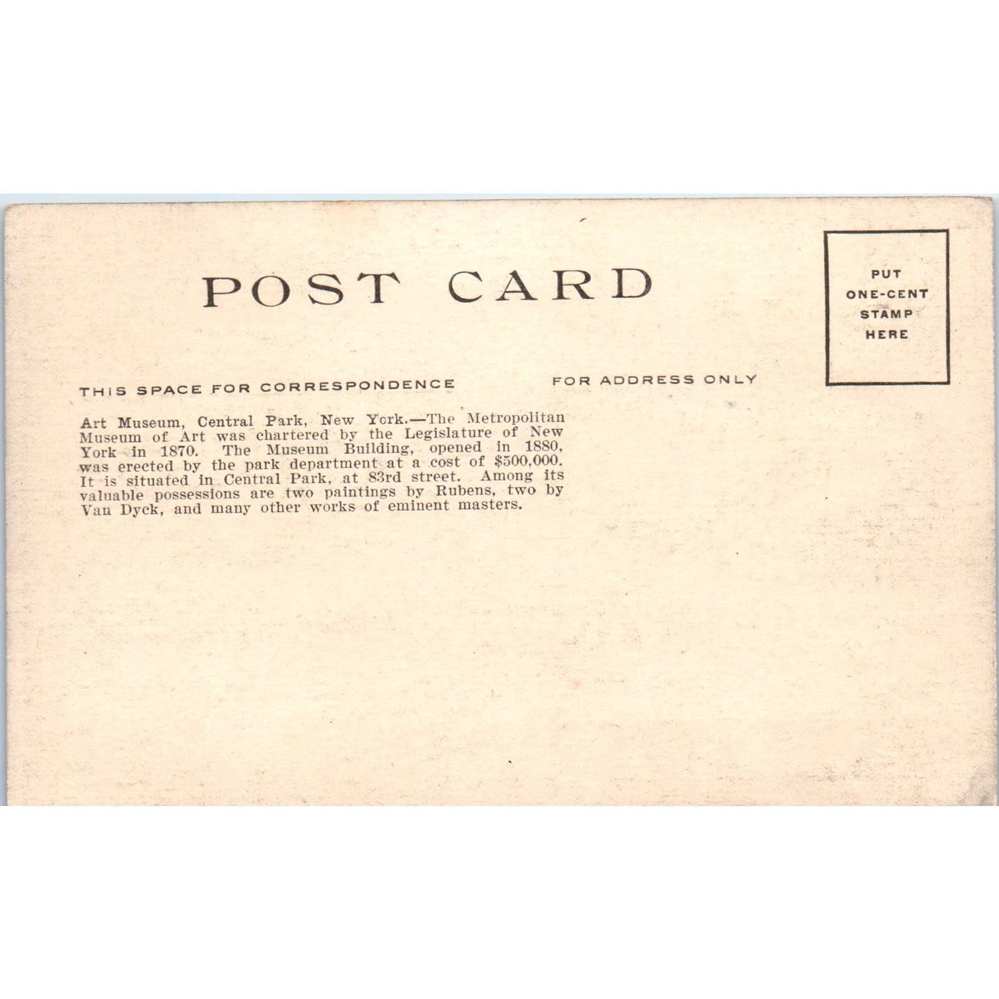 Art Museum, Central Park New York c1910 Original Postcard TK1-27