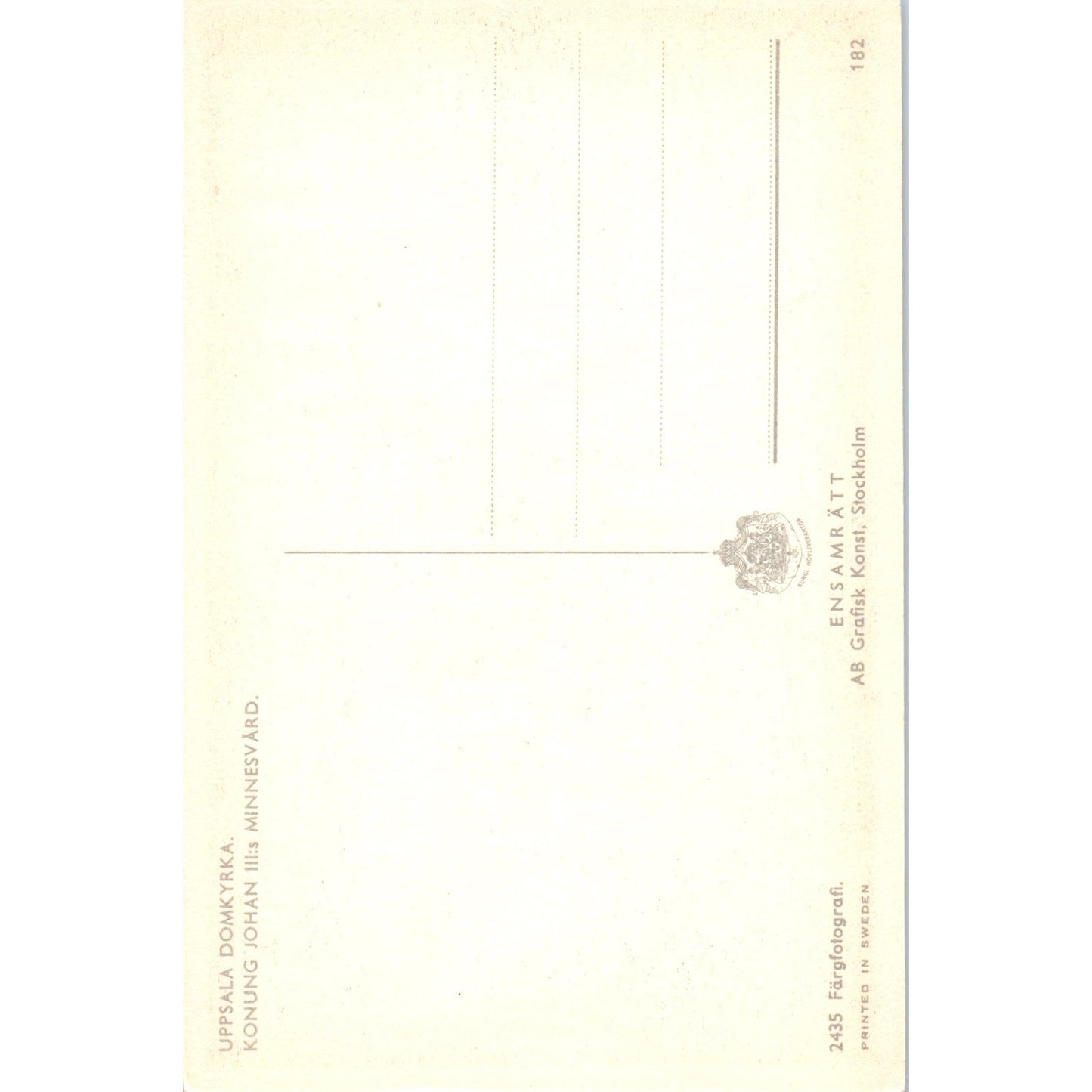 Uppsala Domkyrka Konung Johan III:s Minnesvärd Sweden Original Postcard P2-1