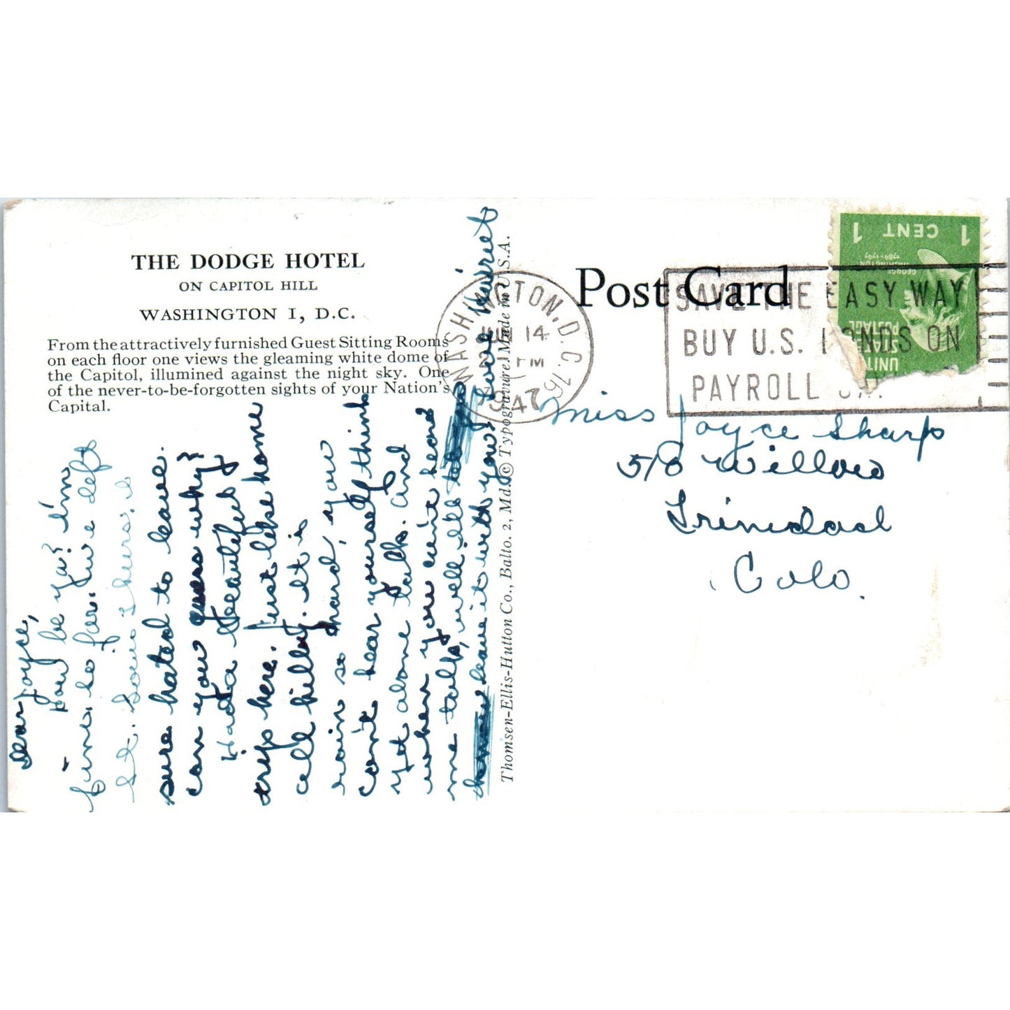 The Dodge Hotel Guest Sitting Room 1947 Washington D.C. Original Postcard P1-16
