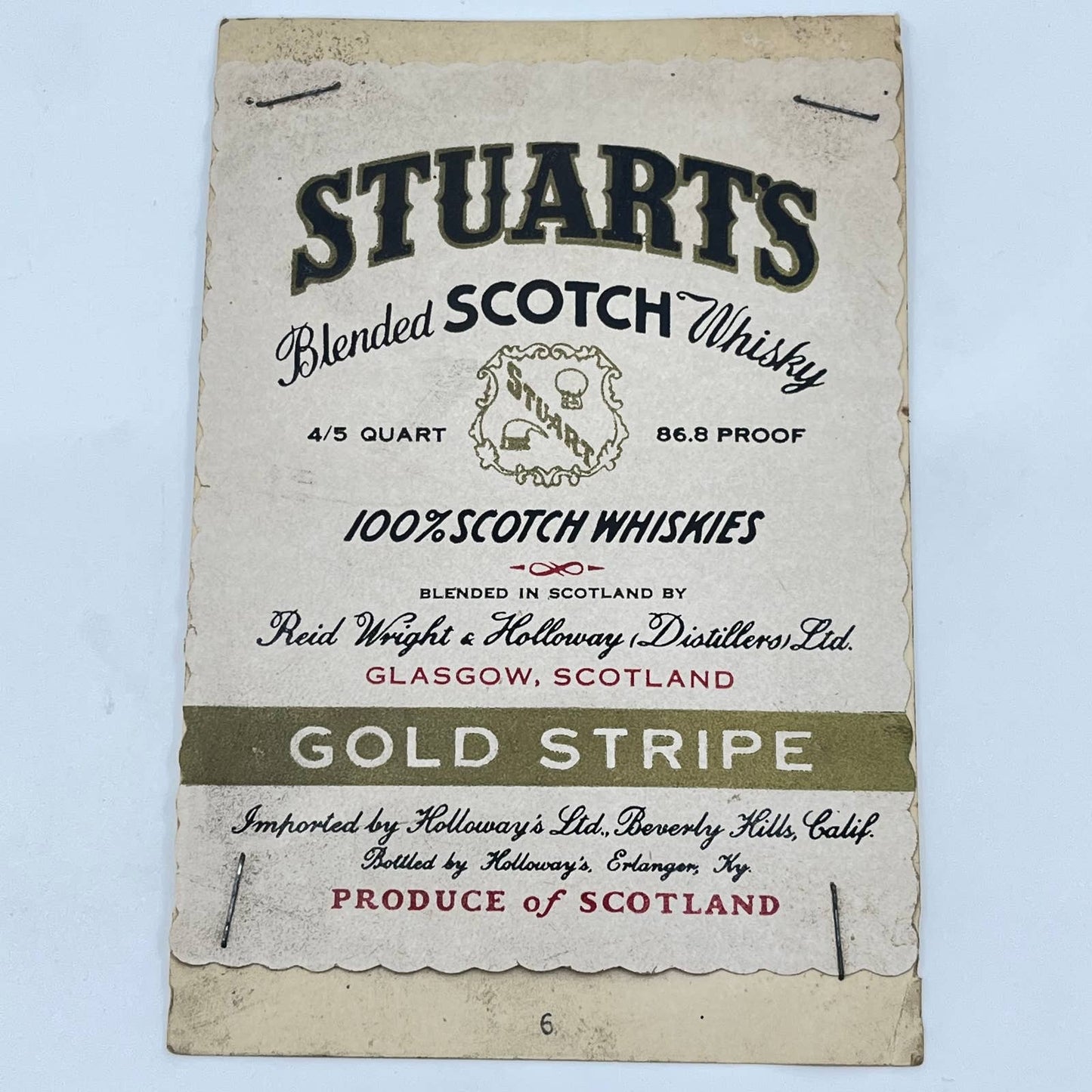 Stuart’s Gold Stripe Scotch Whiskey Label Glasgow Scotland Holloway’s Erlanger