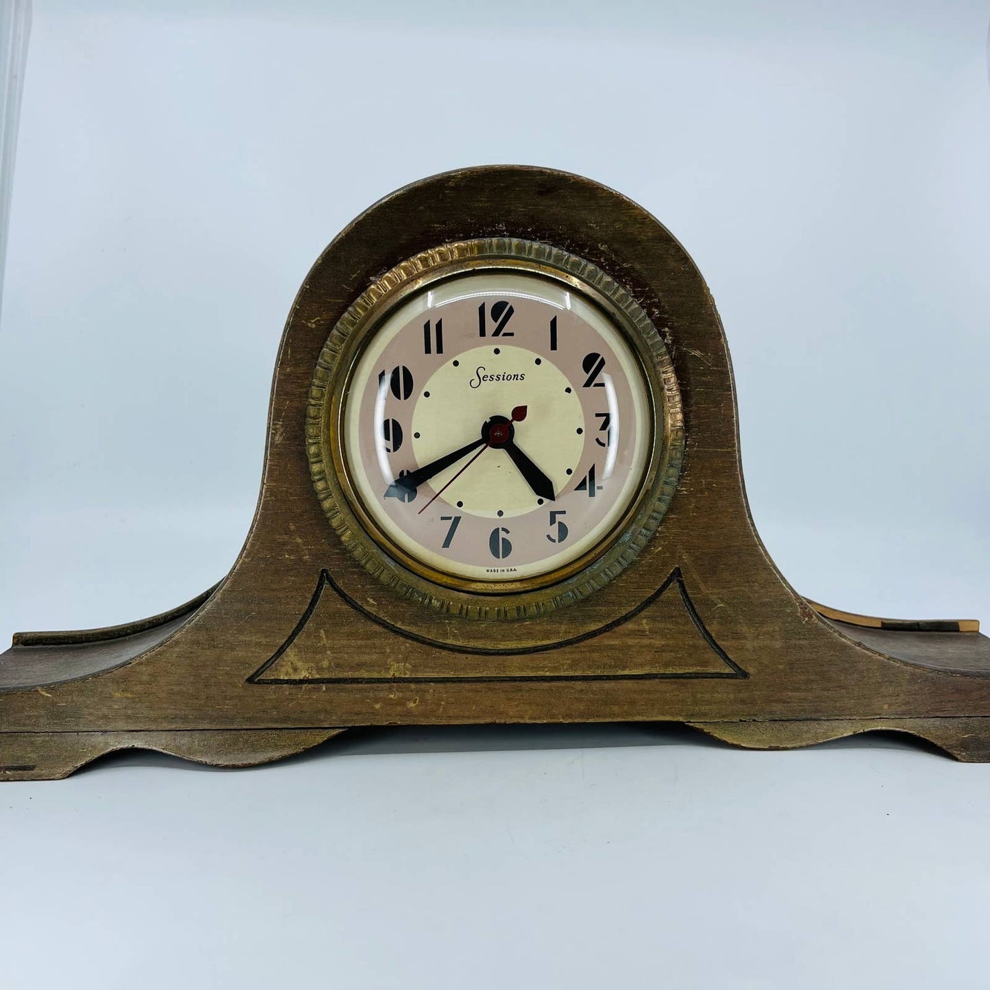 Vintage 1930s Art Deco Sessions Mahogany Wood Brass Trim Mantle Clock Model W TB8
