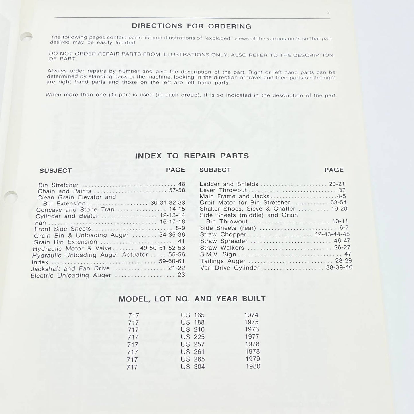 Original 1980 New Idea US-57 Repair Parts List 717 Combine TB9