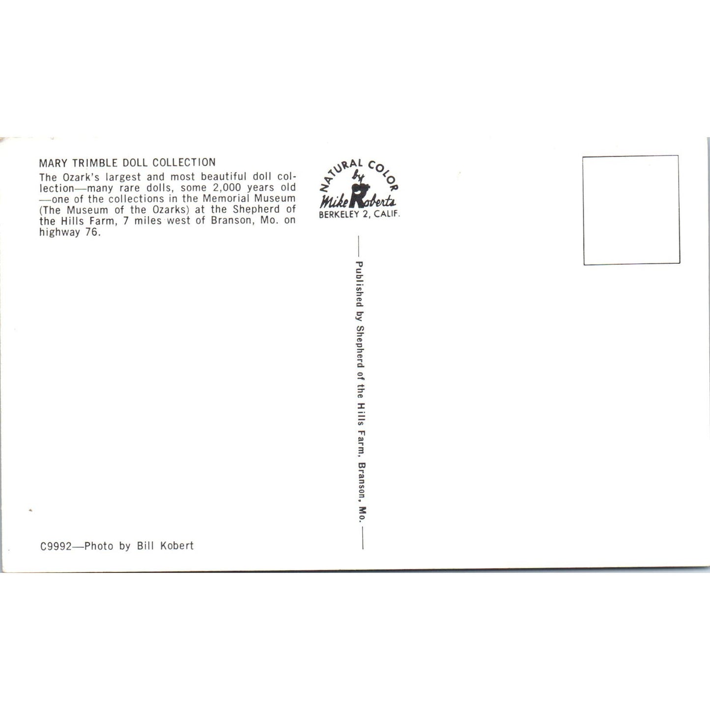 Mary Trimble Doll Collection Rare Dolls Branson MO Original Postcard PB7