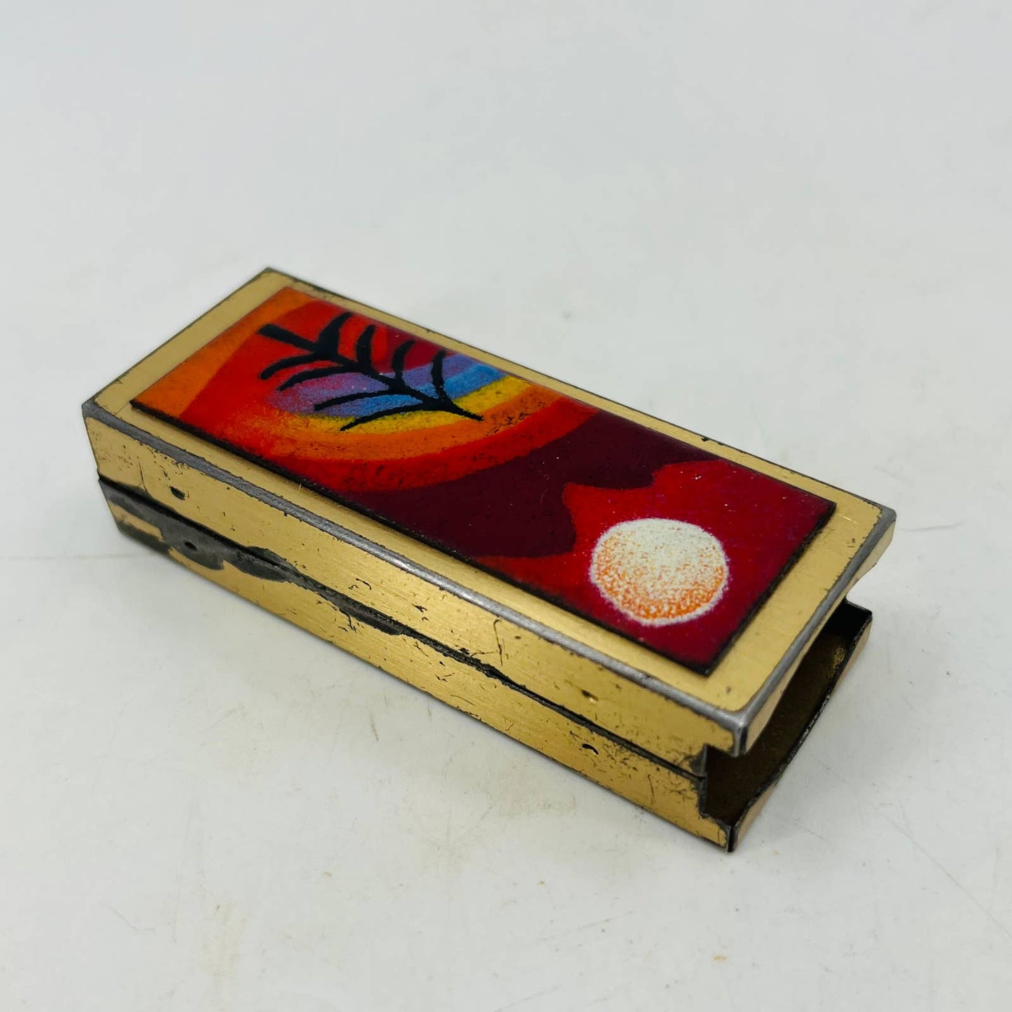Vintage Brass and Enamel Southwest Sunset Scene Disposable Lighter Case SA8