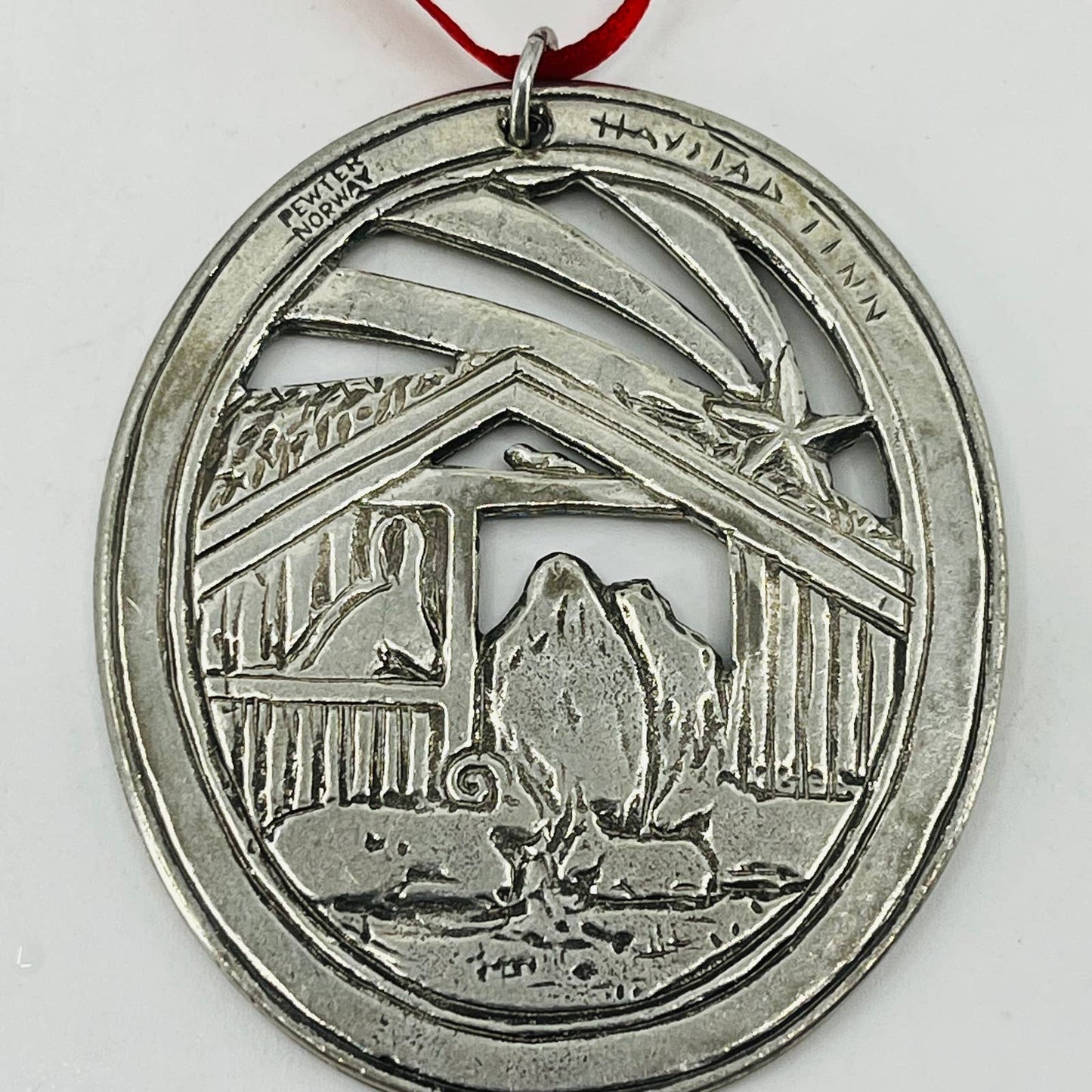 Vintage Nativity Manger Scene Christmas Ornament Norway Pewter Tooled 2” SB5