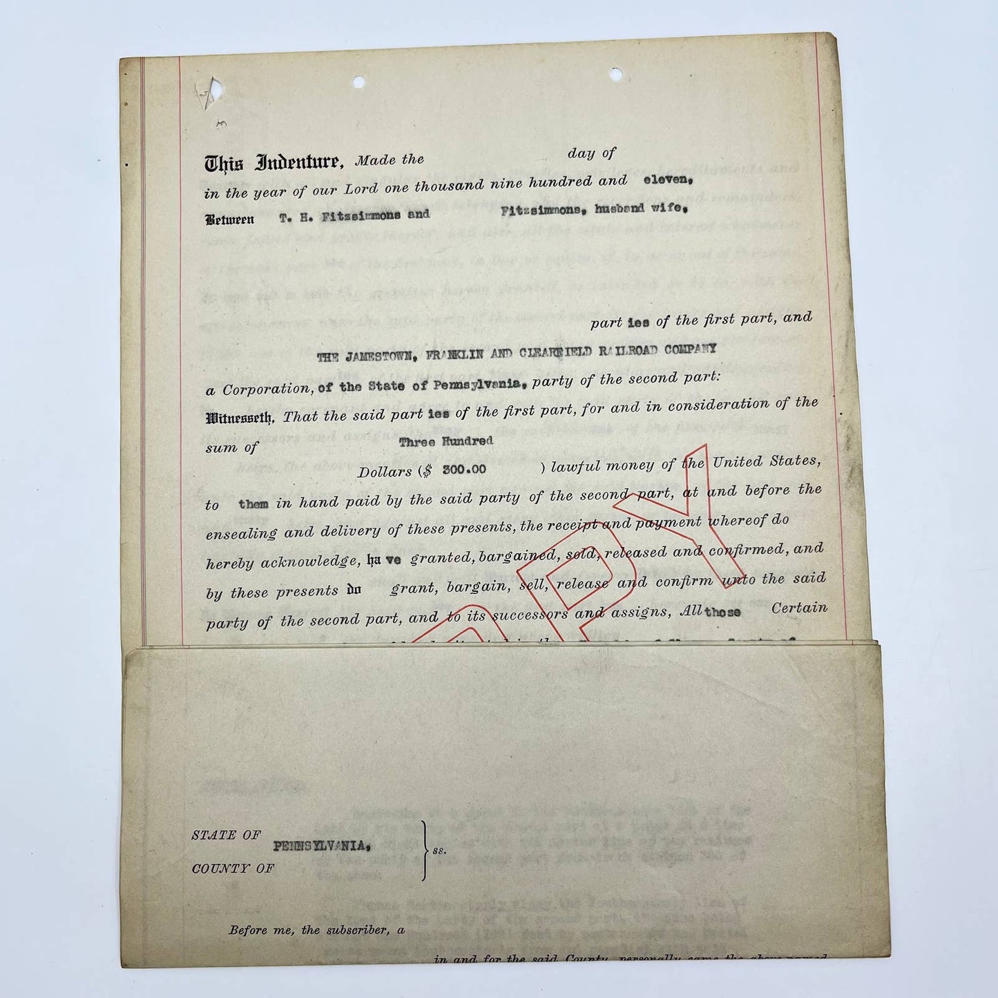 1911 Jamestown, Franklin and Clearfield Railroad Company Land Indenture AB2