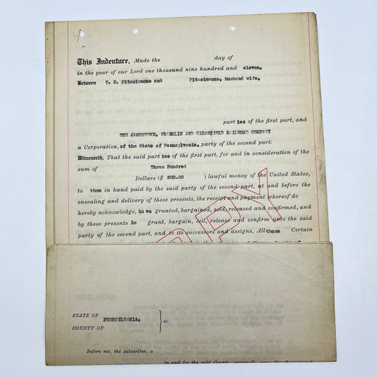 1911 Jamestown, Franklin and Clearfield Railroad Company Land Indenture AB2