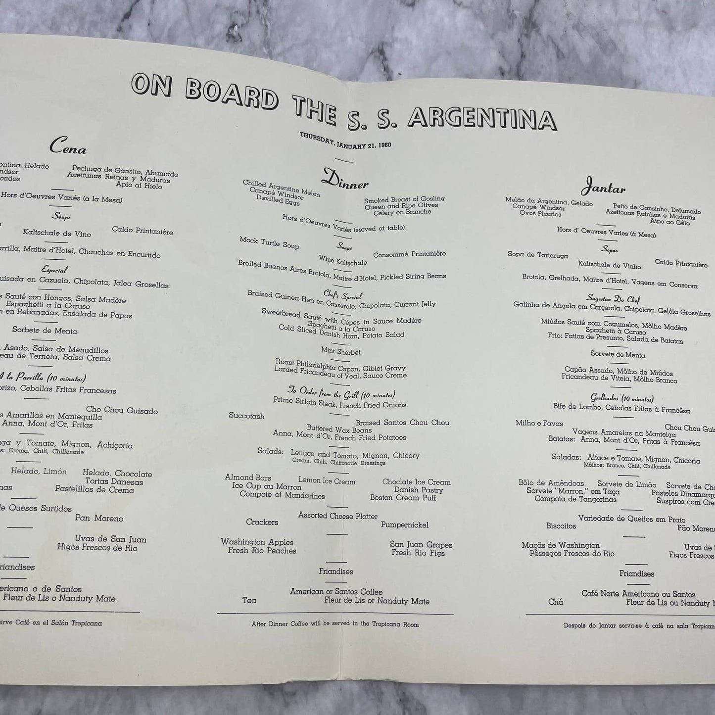 Original SS Argentina Cruise Ship Restaurant Menu Jan 21, 1960 Ada Peacock TD8