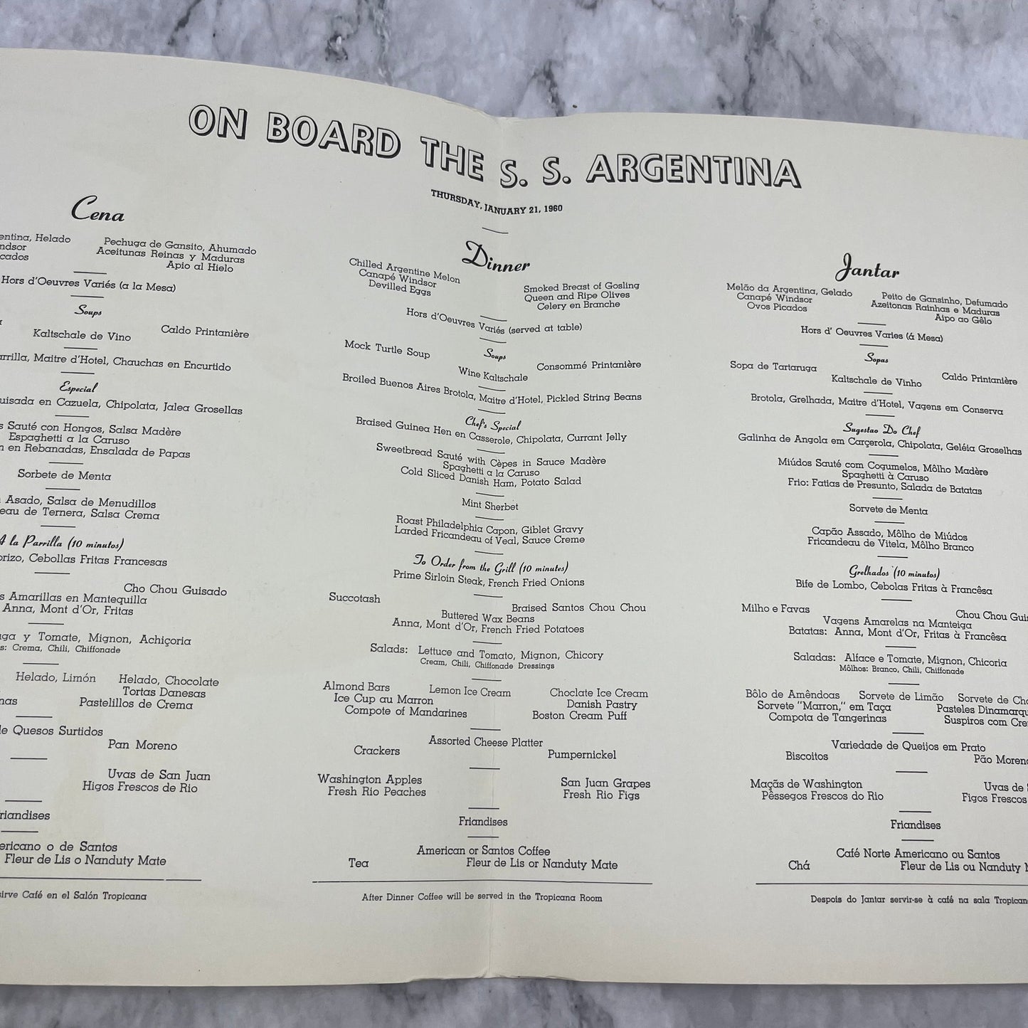 Original SS Argentina Cruise Ship Restaurant Menu Jan 21, 1960 Ada Peacock A20