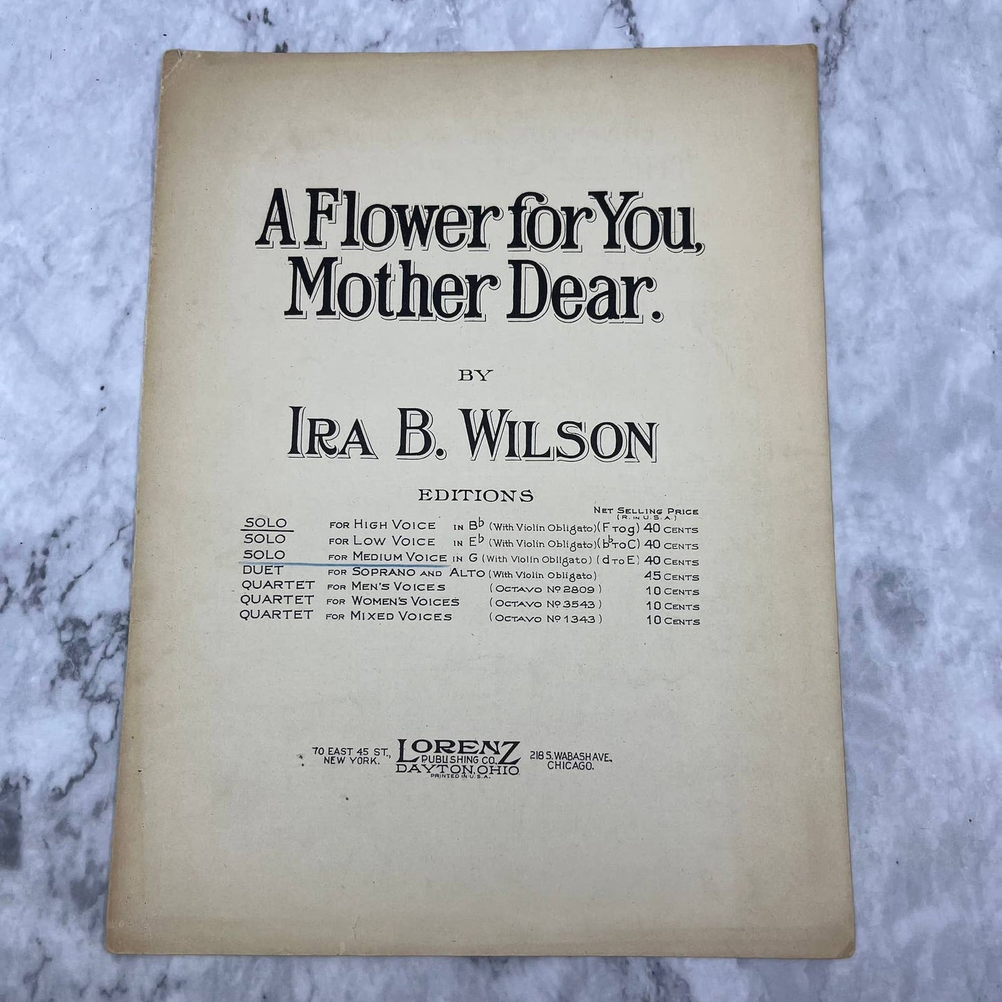 A FLOWER FOR YOU, MOTHER DEAR sheet music ~ 1922 Ira B Wilson TI1