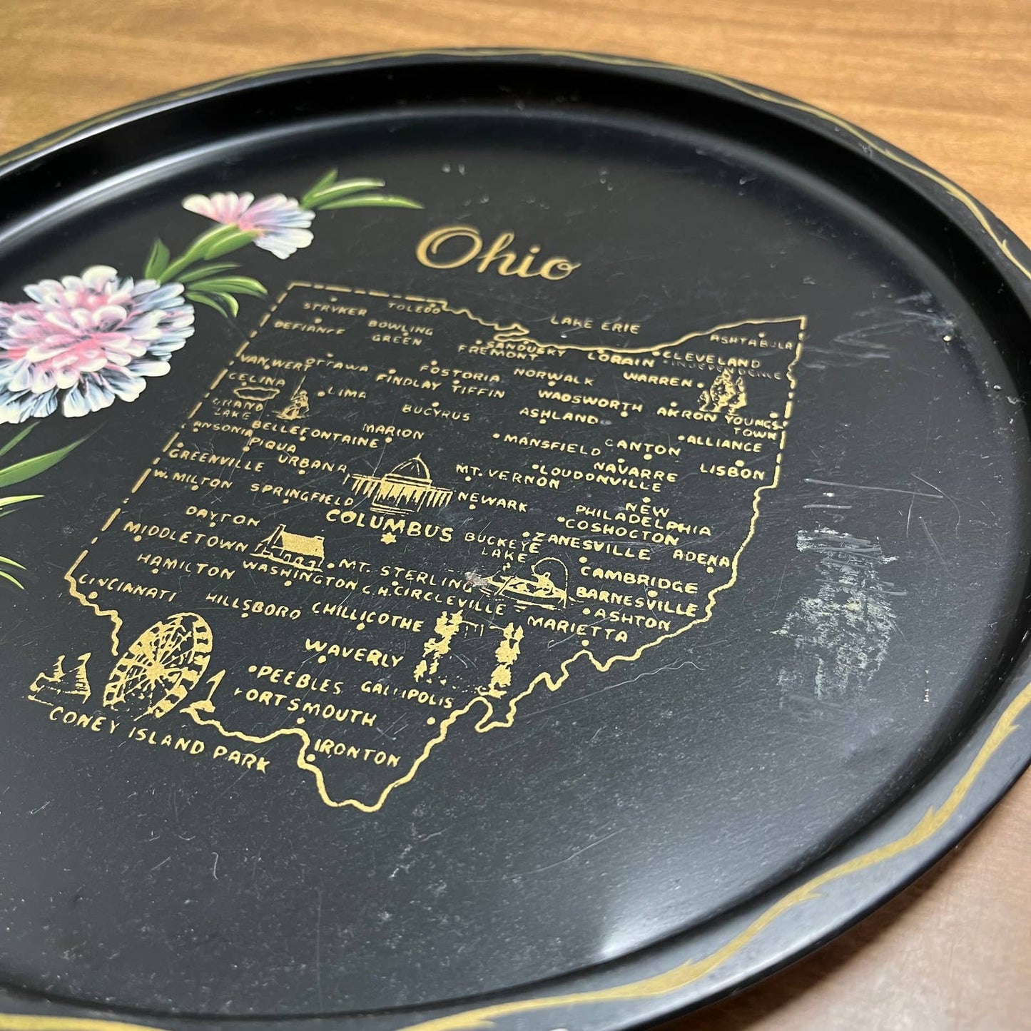 Vintage Black & Gold Metal State Souvenir Plate Tray Ohio Hand Painted 11” TG7