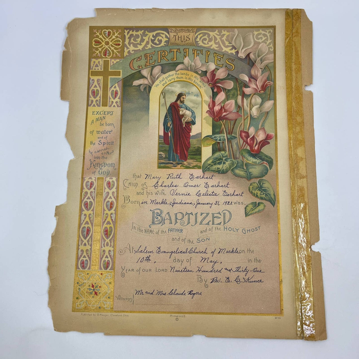 1922 Baptism Certificate Mary Ruth Earhart Salem Evangelical Church Markle FL4