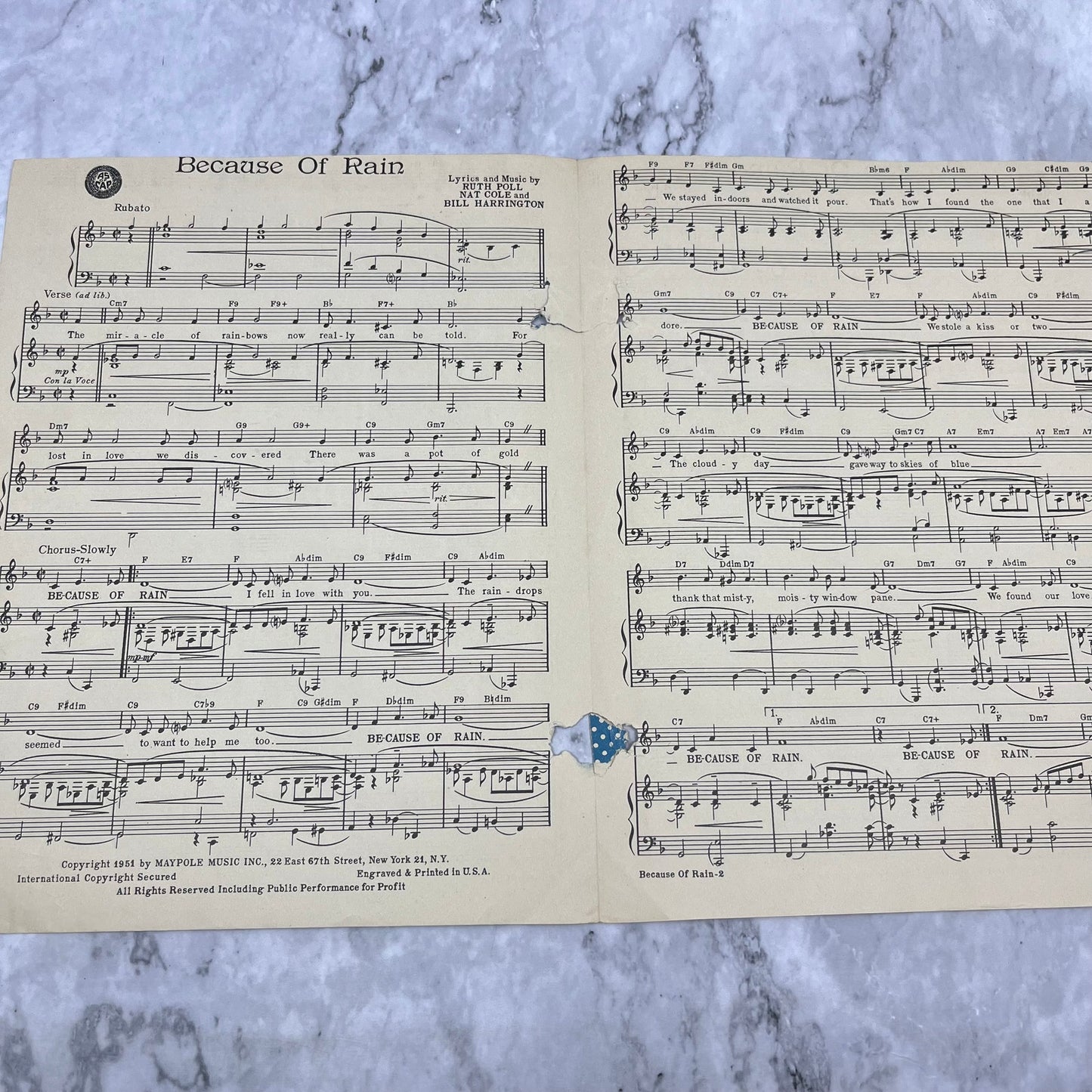 1950 NAT ‘KING’ COLE (co-writer) sheet music BECAUSE OF RAIN V42-2