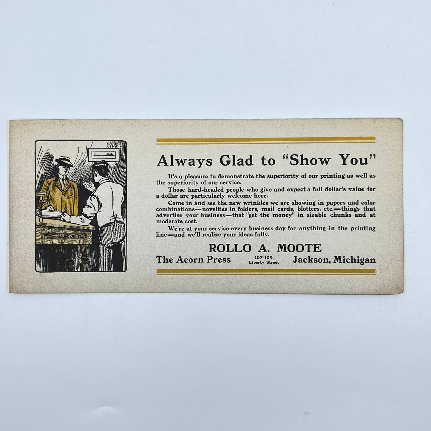 c1900 Blotter Card R.A. Moote The Acorn Press Always Glad to Show Jackson MI SC8
