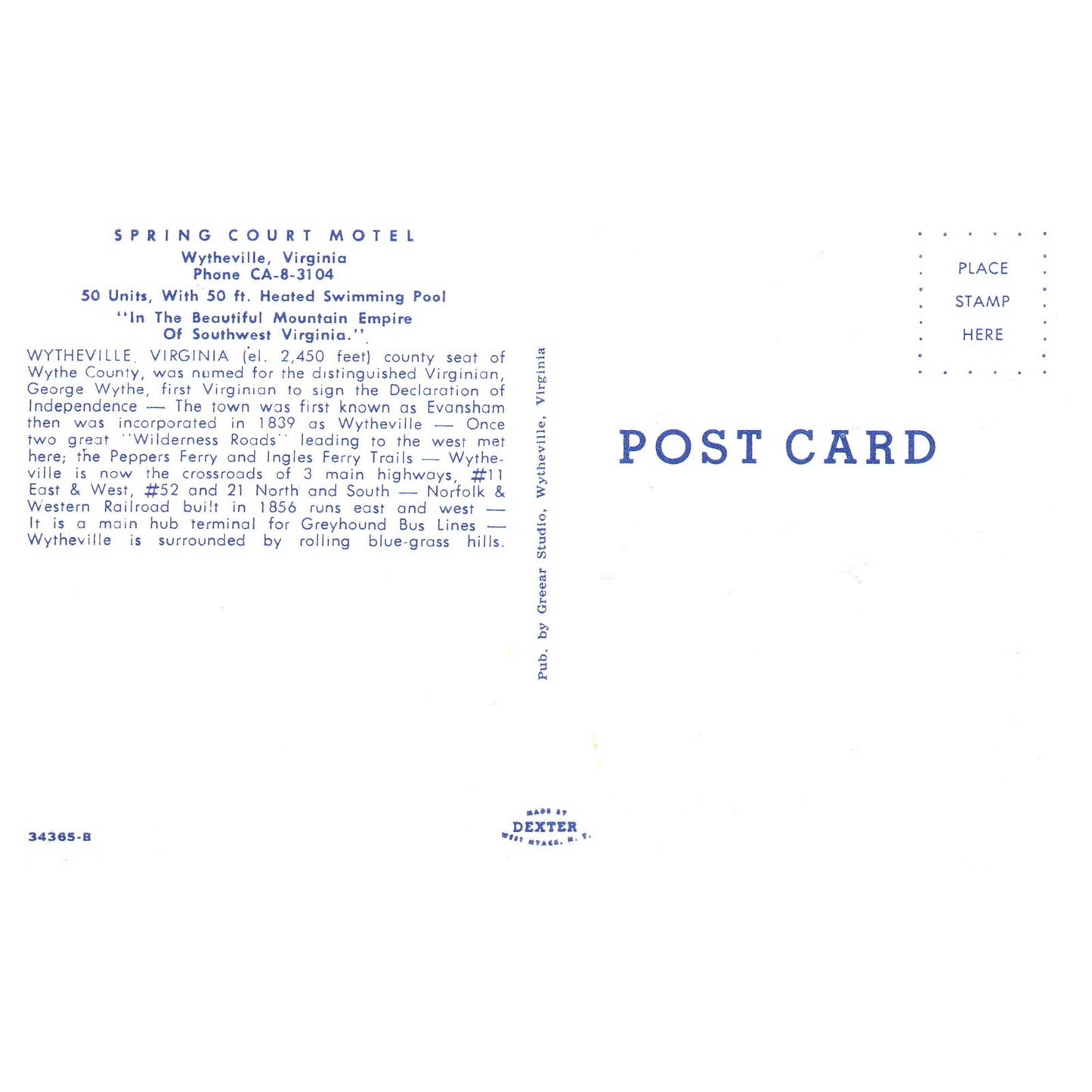 Vintage Postcard - Spring Court Motel Wytheville Virginia TJ7-1