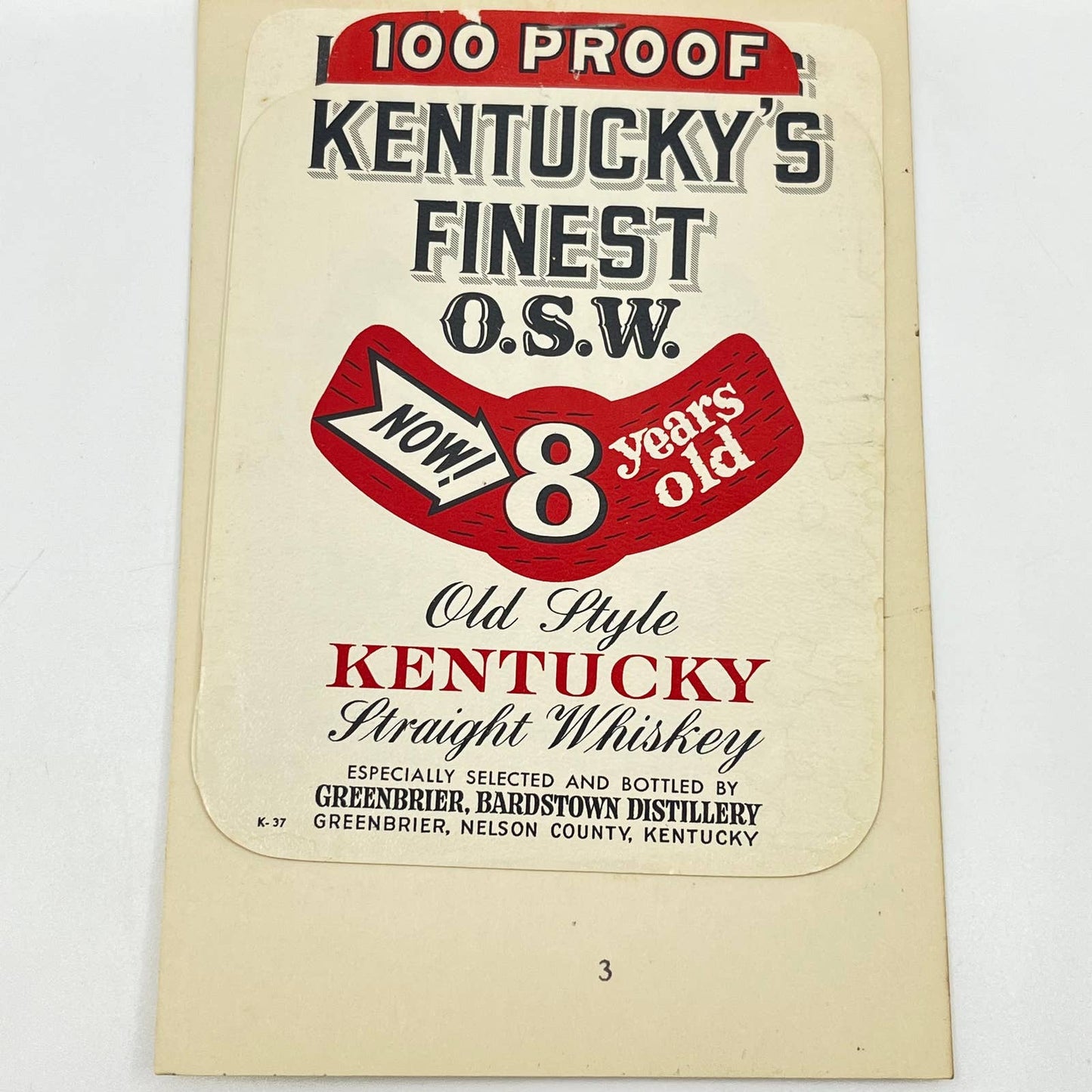 Kentucky’s Finest OSW Whiskey Label Set of 2 Greenbrier Bardstown Distillery KY
