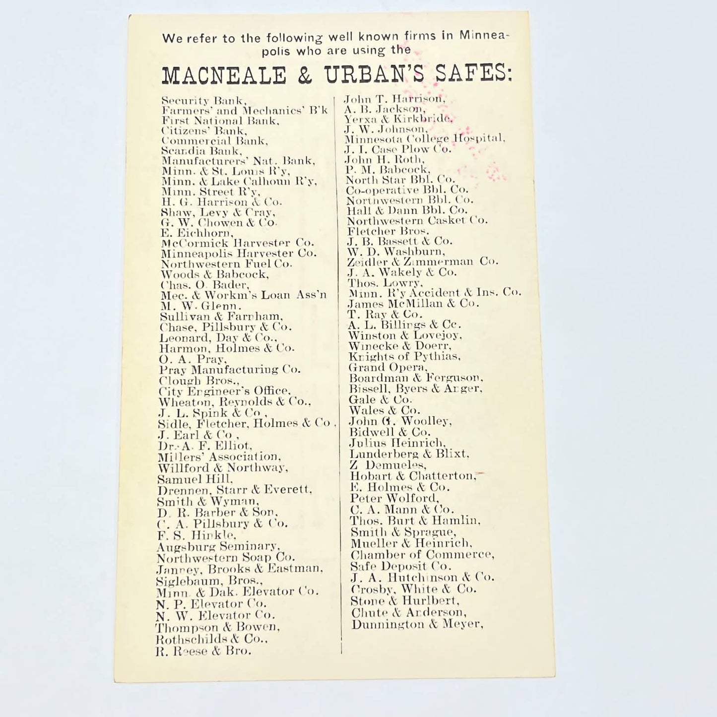 c1900 Trade Card J.A. Modisette McNeal & Urban Safes Vault Doors Minneapolis AC2