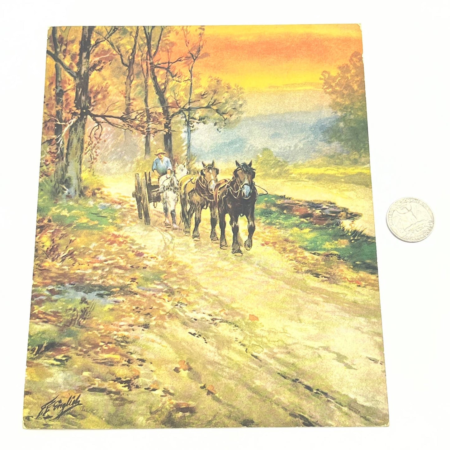 Vintage F.F. English Horse & Carriage Country Lithograph Print 6 1/2 x 8 1/4 AB7
