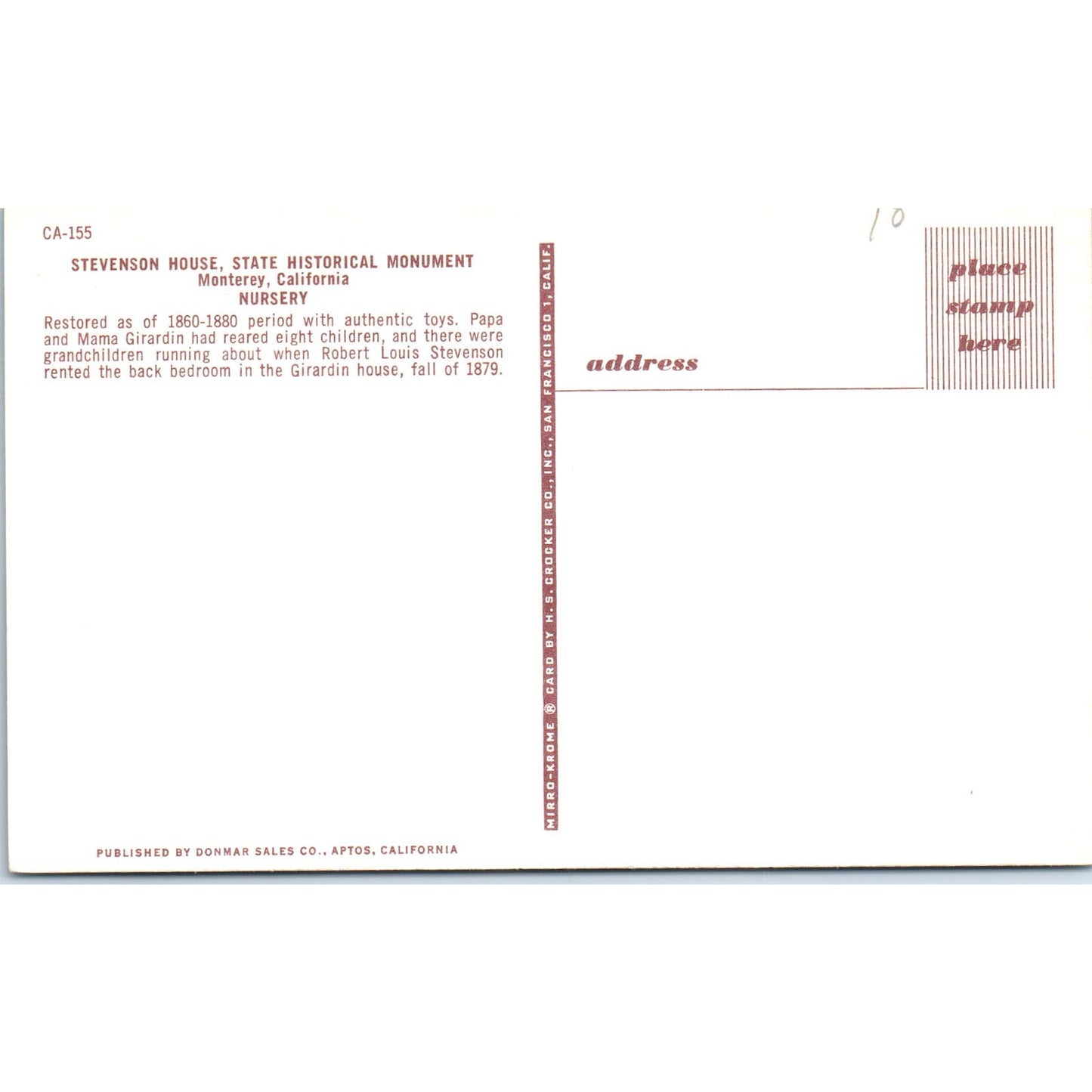 Stevenson House State Historic Monument Nursery Monterey Original Postcard PB9