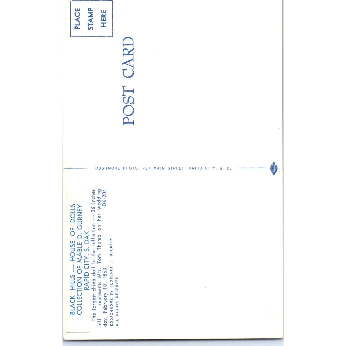 Black Hills Collection Largest China Doll Mrs. Tom Thumb Original Postcard PB8