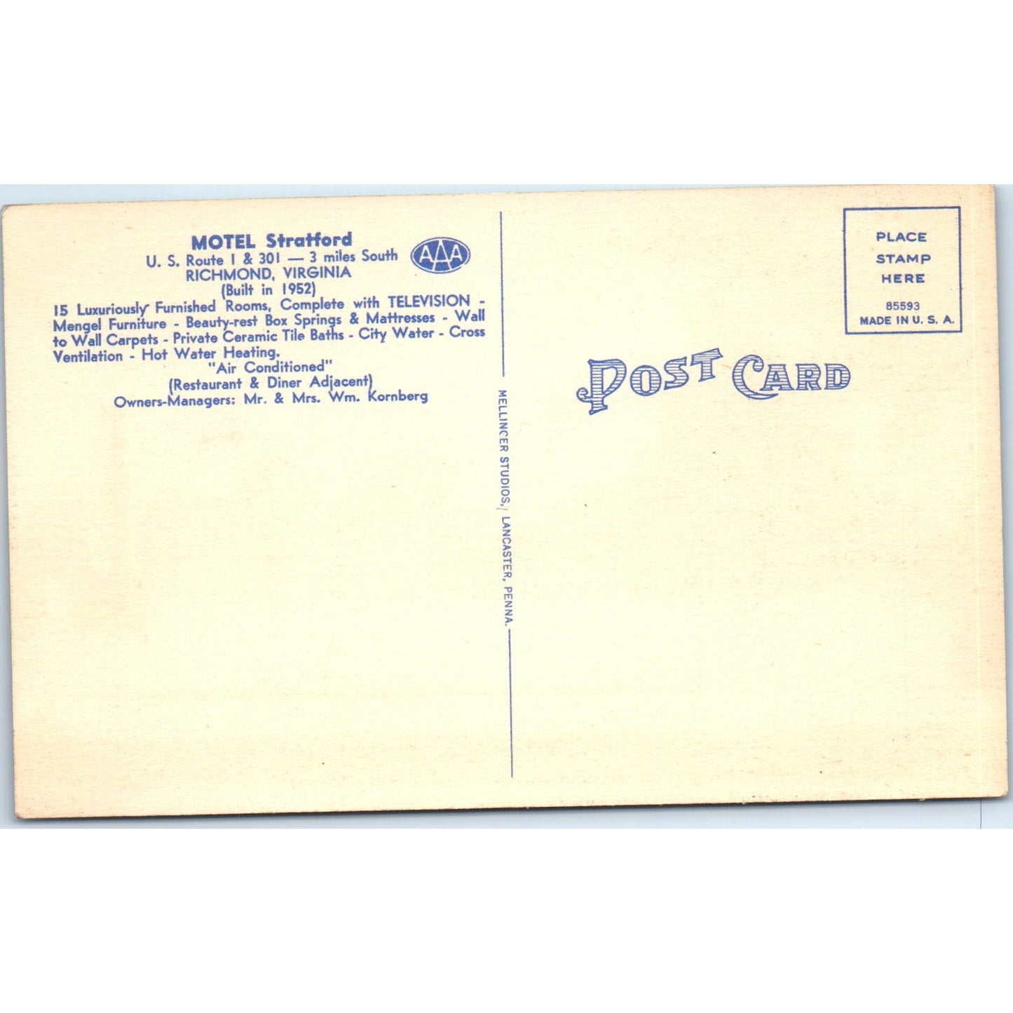 Motel Stratford Richmond Virginia Wm. Kornberg - Original Postcard P3-5