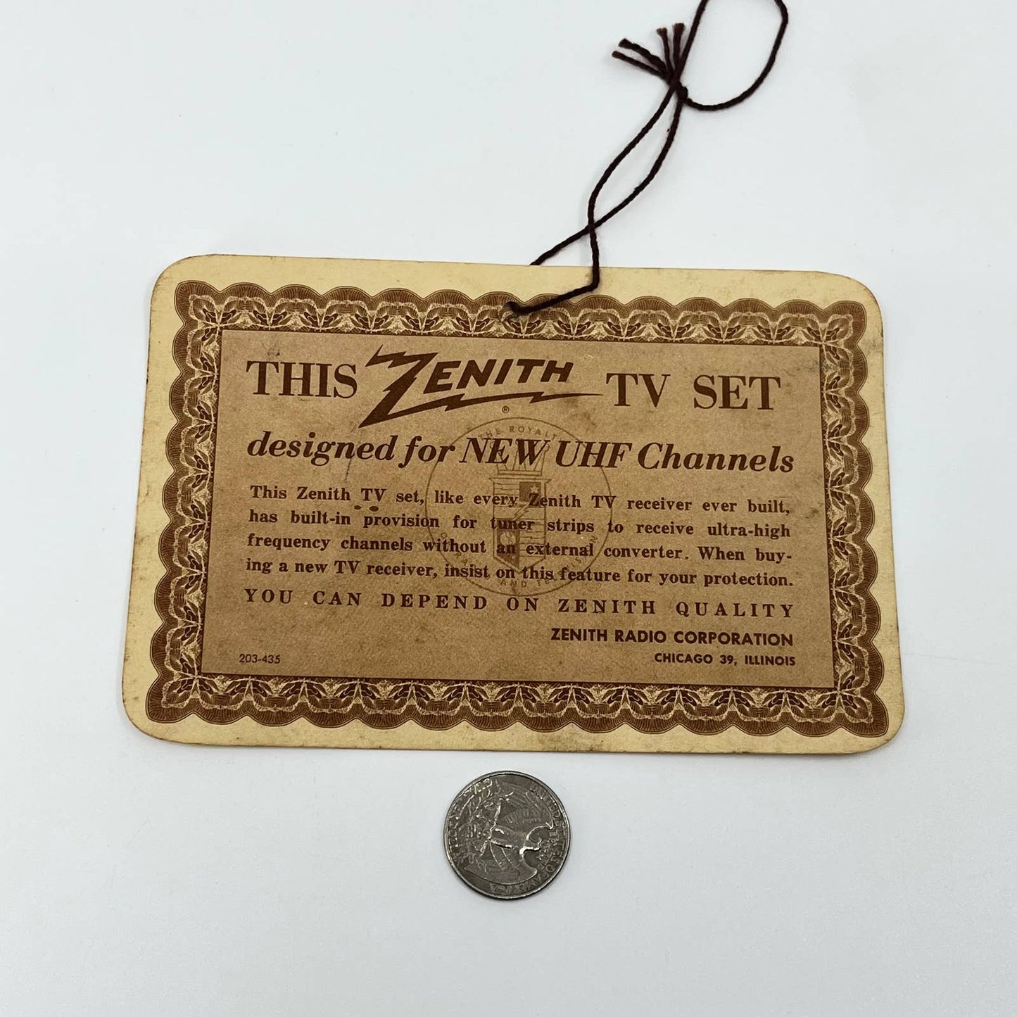 1950s ZENITH Television TV Set Showroom String Hang Tag AA7