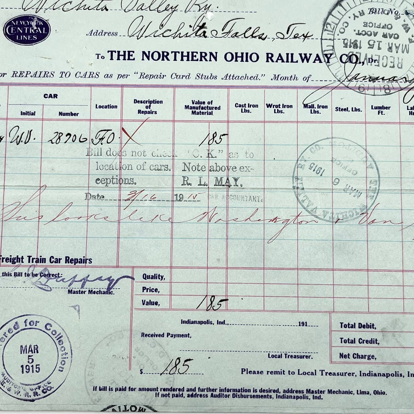 1915 New York Central Lines Northern Ohio Railway Co. Repair Form Stamped AB5