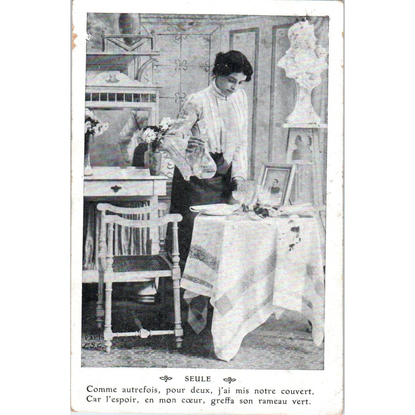 French Victorian Woman Setting Table 1907 Original Postcard TK1-21