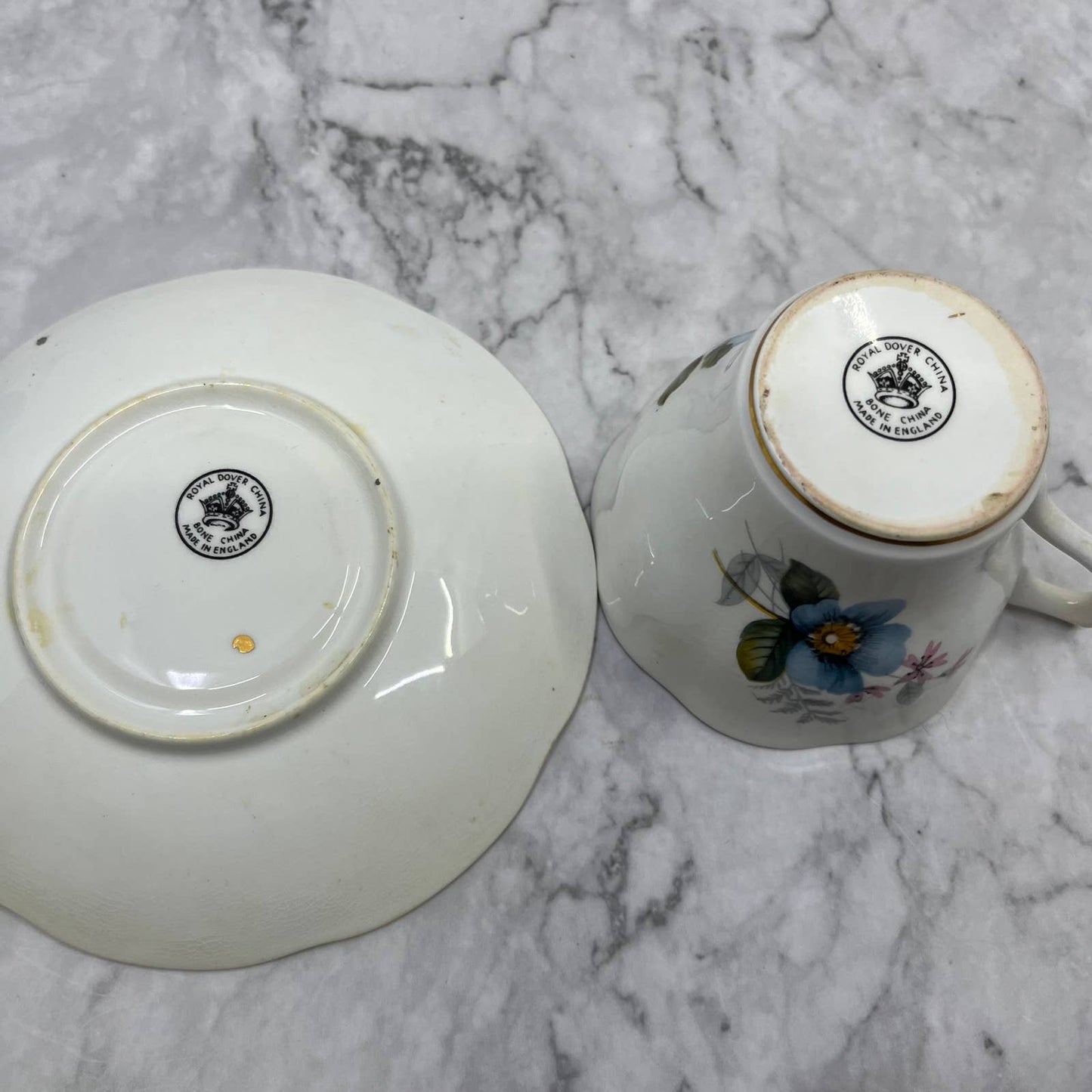 Vintage Royal Dover Bone China Cup & Saucer Blue Flowers, Made in England TA7