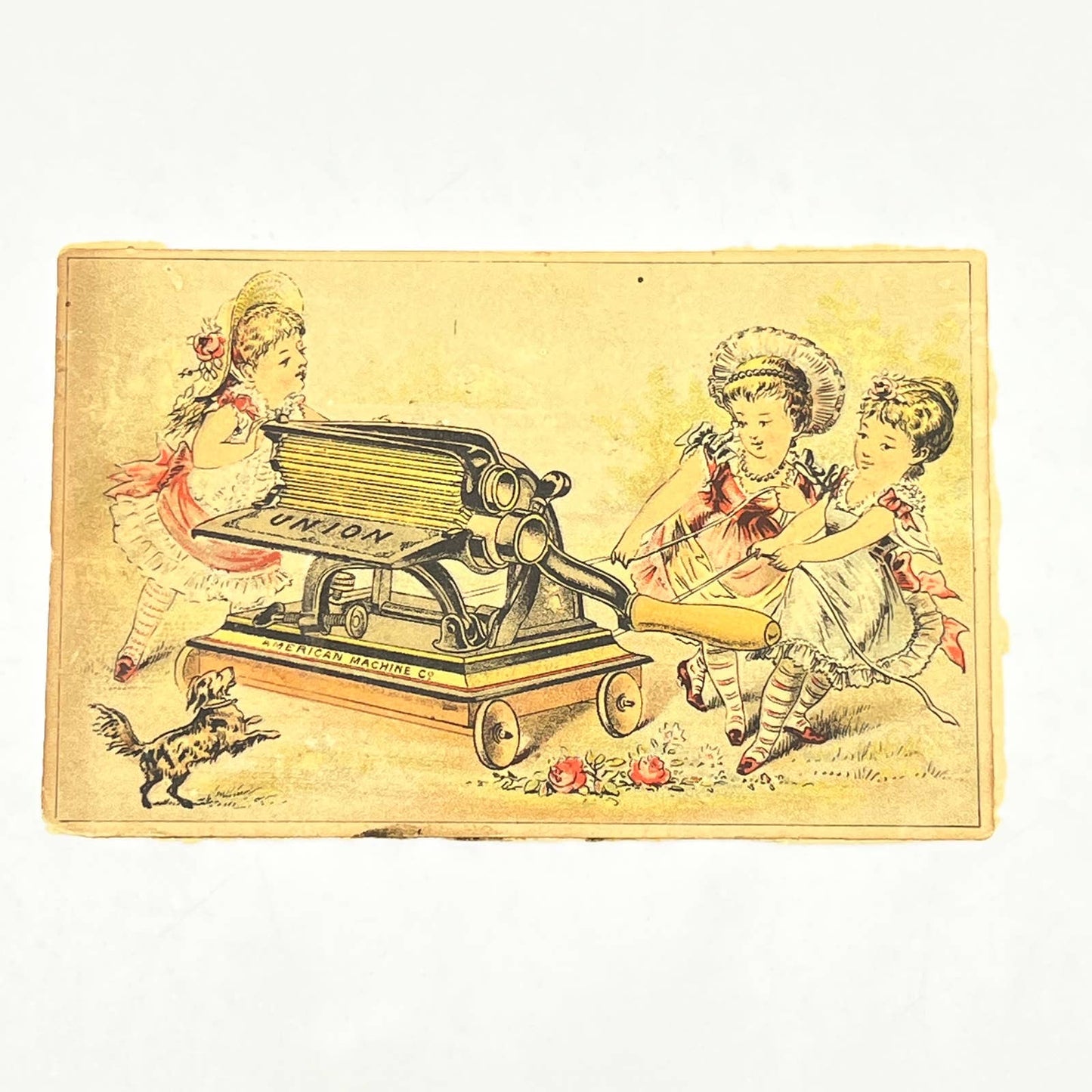 1880s Victorian Trade Card Union Typewriter American Machine Co. Girls Dog AB6