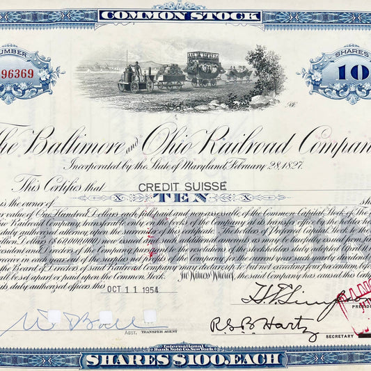 1954 BALTIMORE & OHIO RAILROAD  B&O RR Company ORIGINAL Stock Certificate FL3