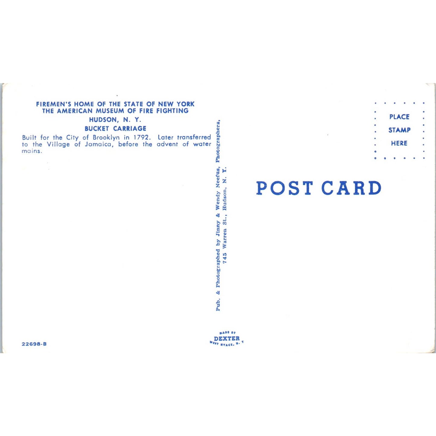 American Museum of Firefighting Hudson Bucket Carriage Original Postcard TK1-28