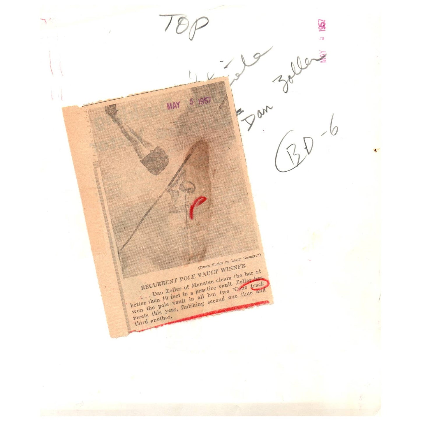 1957 Original Press Photo Track Pole Vault Don Zoller Manatee 8x10" AD2