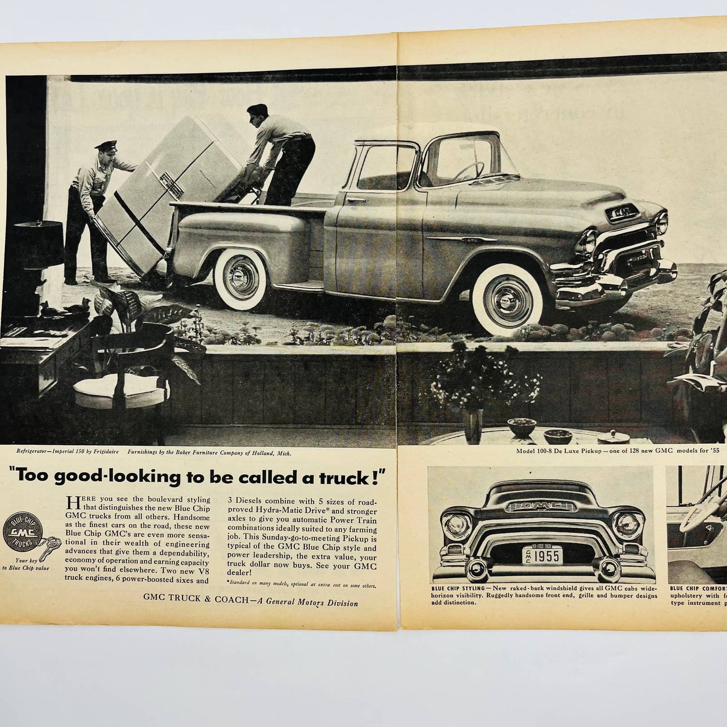 Vintage Advertisement ‘55 GMC 100-8 De-Luxe Pickup Truck 2 separate pages Ad AA1