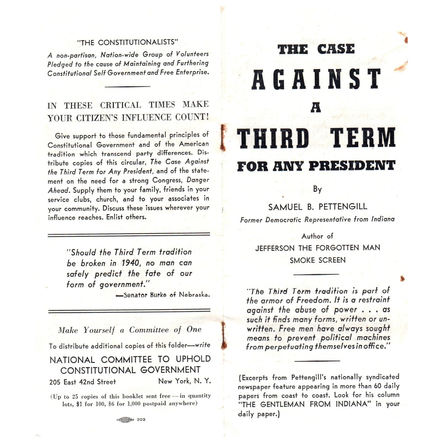 Vtg Political Tract - Case Against 3rd Term for Any President Pettengill TH2-SF1
