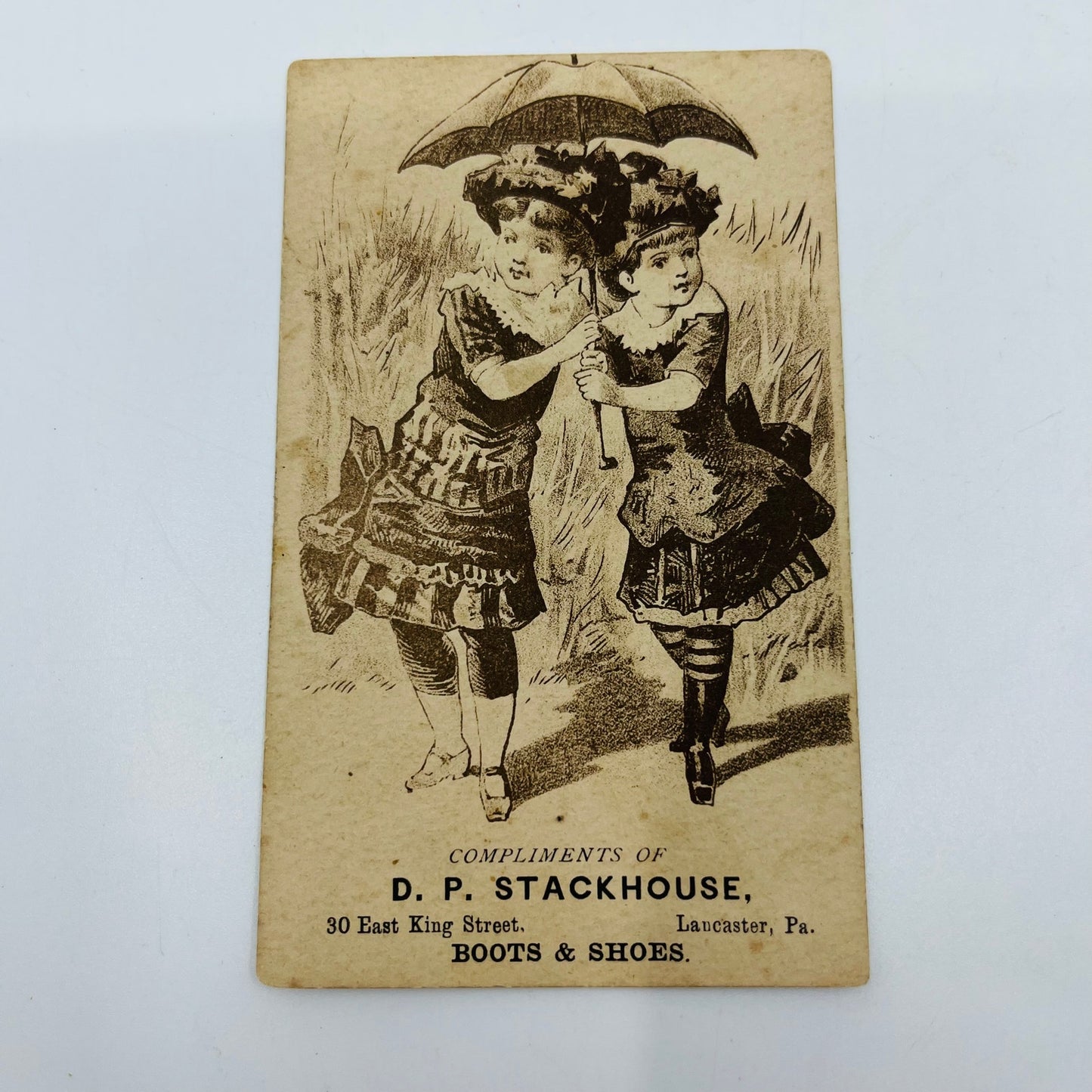1880 Victorian Trade Card Lancaster PA DP Stackhouse Twin Girls Umbrella AH9-M10