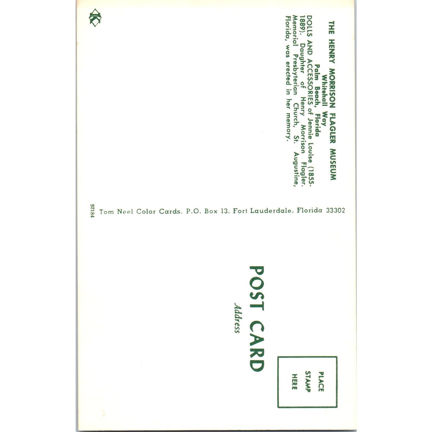 Henry Morrison Flagler Museum Dolls Whitehall Way Palm Beach FL Postcard PB9