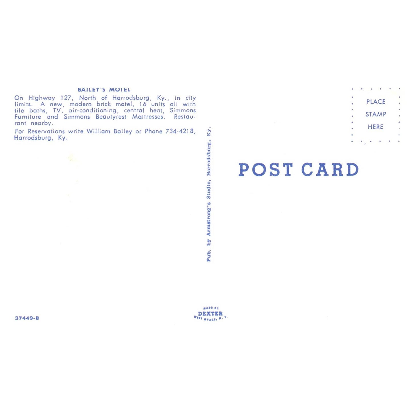 Vintage Postcard - Bailey's Motel AAA Harrodsburg Kentucky AD9