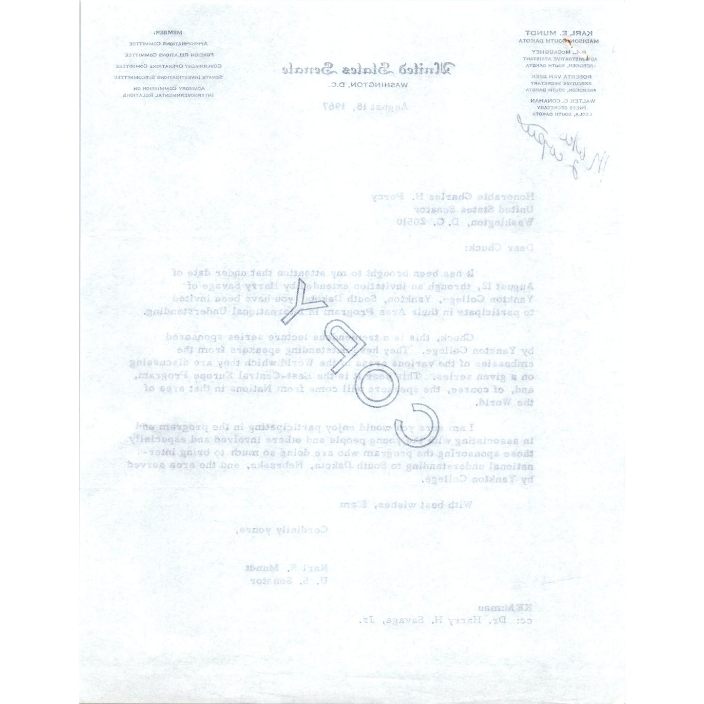 South Dakota Senator Karl Mundt Official Letterhead Memo Copy 1967 B11
