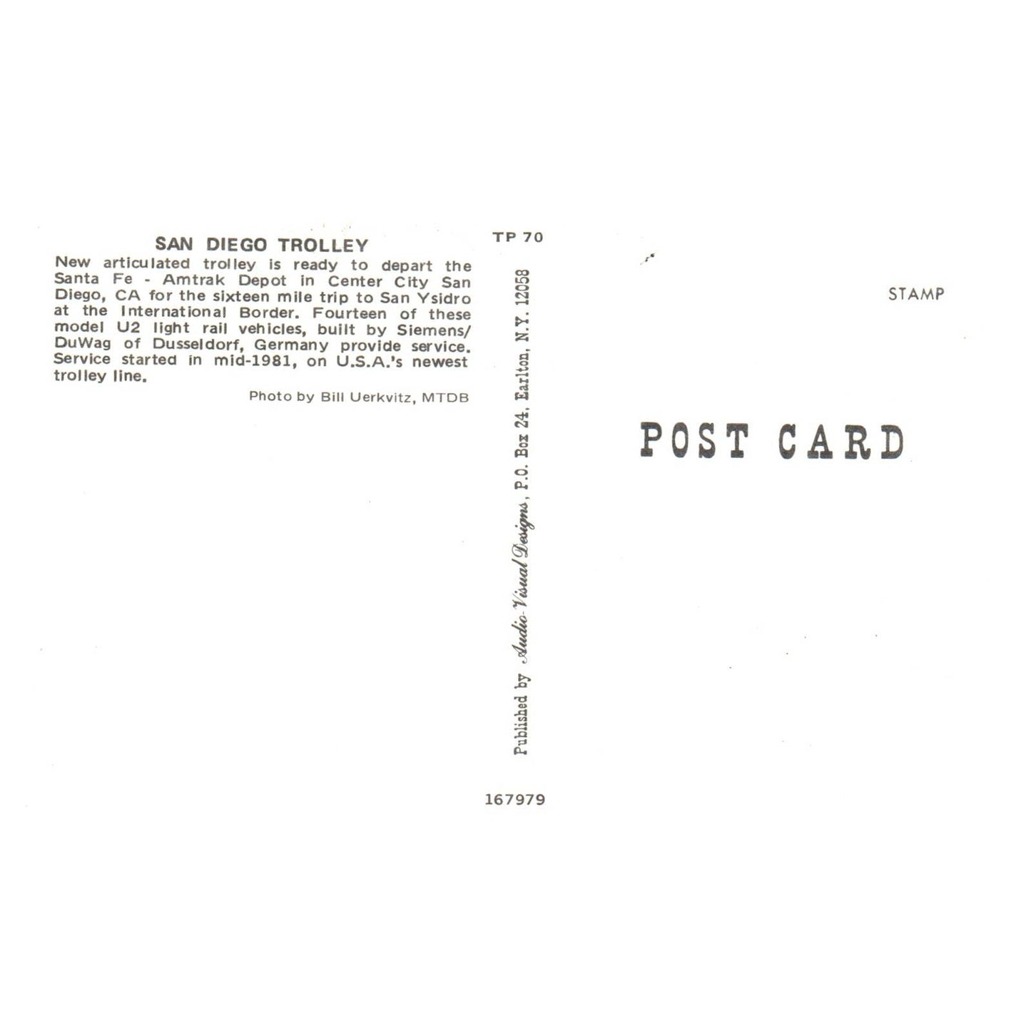 Vintage Postcard - San Diego Trolley Amtrak Depot TJ6-1