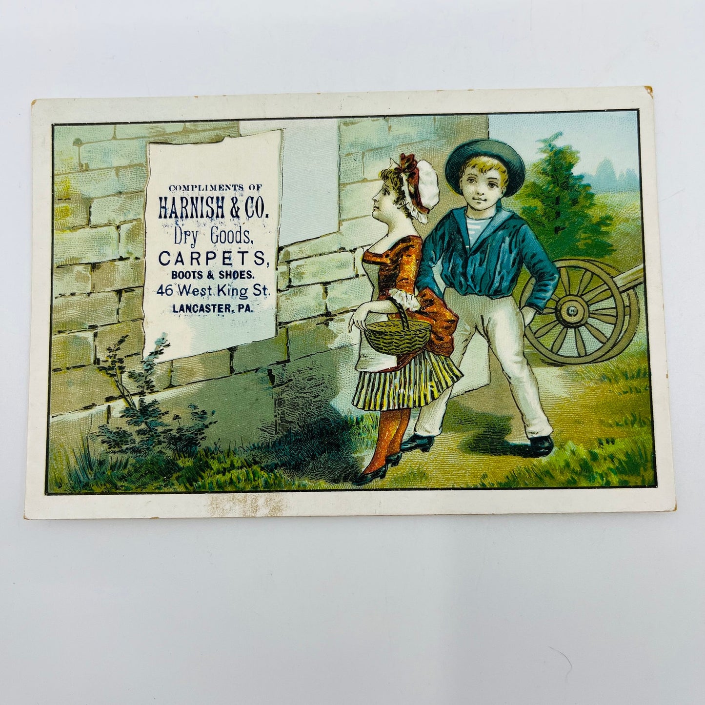 1880s Victorian Trade Card Lancaster Jacob Harnish Dry Goods Boy & Girl SAH9-H7