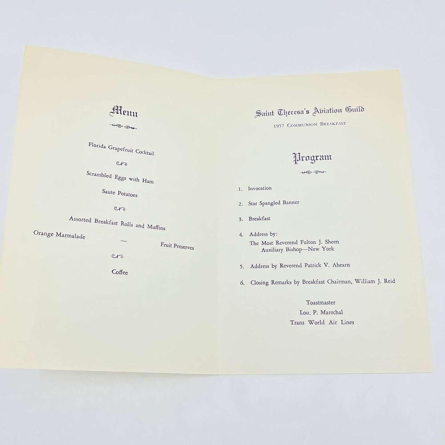 1957 St. Theresa's Aviation Guild Annual Communion Breakfast Menu & Program AB7