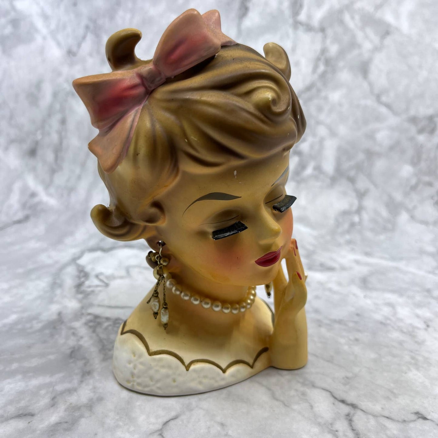 Vintage Rubens #488 Lady Head Vase Brown Hair Pearl Necklace and Earrings TJ2